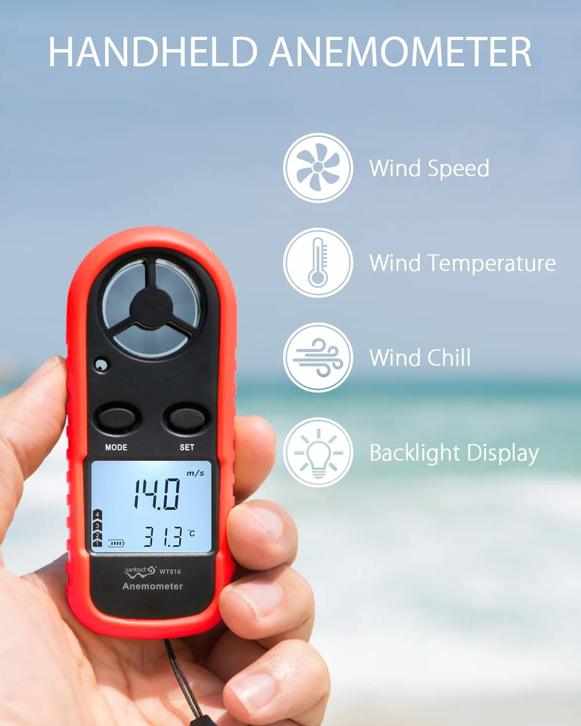 Wintact Anemómetro Digital de Velocidad del Viento y Temperatura del Aire, Medidor HVAC