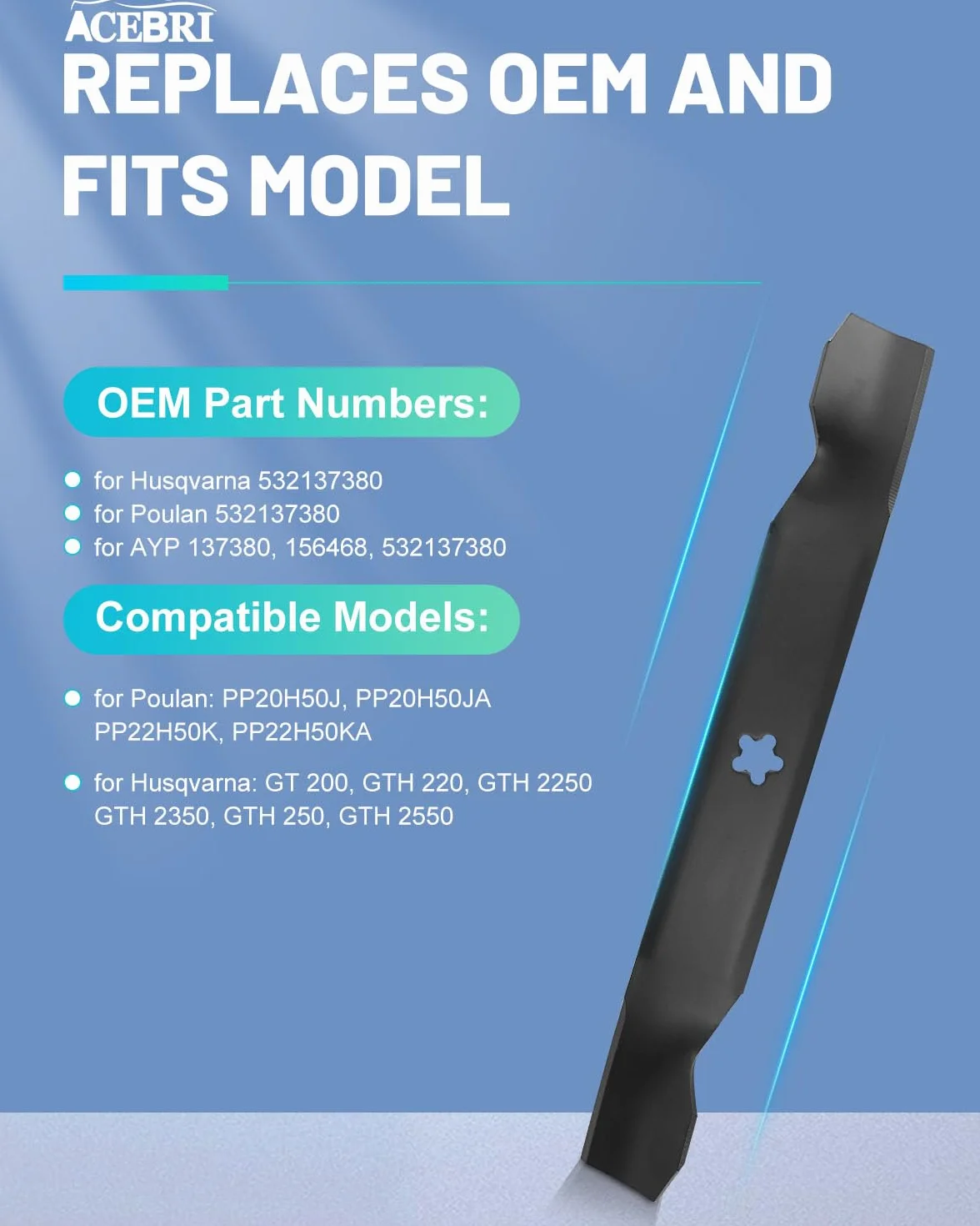 ACEBRI Cuchillas de alta elevación de 50 pulgadas para Husqvarna 532137380, para Poulan 532137380, AYP 137380, 156468, 532137380, para Craftsman 137380 cuchillas de cortacésped, paquete de 3