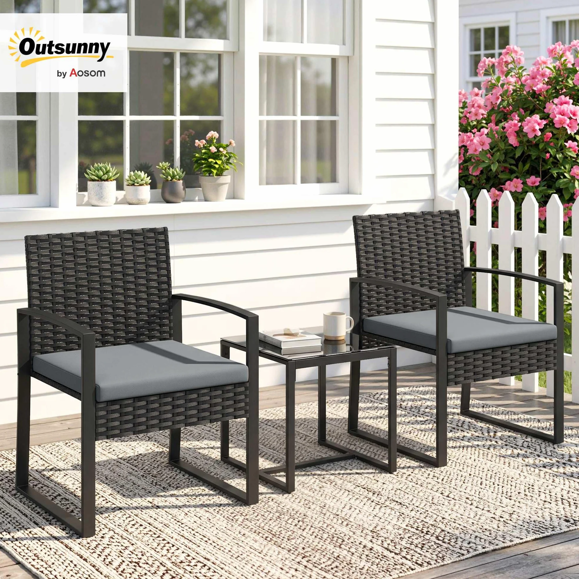 Outsunny Conjunto de Jardín Exterior de 3 Piezas, Muebles Jardín Exterior de Ratán con 2 Sillas con Cojines Lavables y Mesa de Vidrio Templado, Resistente a Intemperie, para Balcón, Patio, Gris Claro