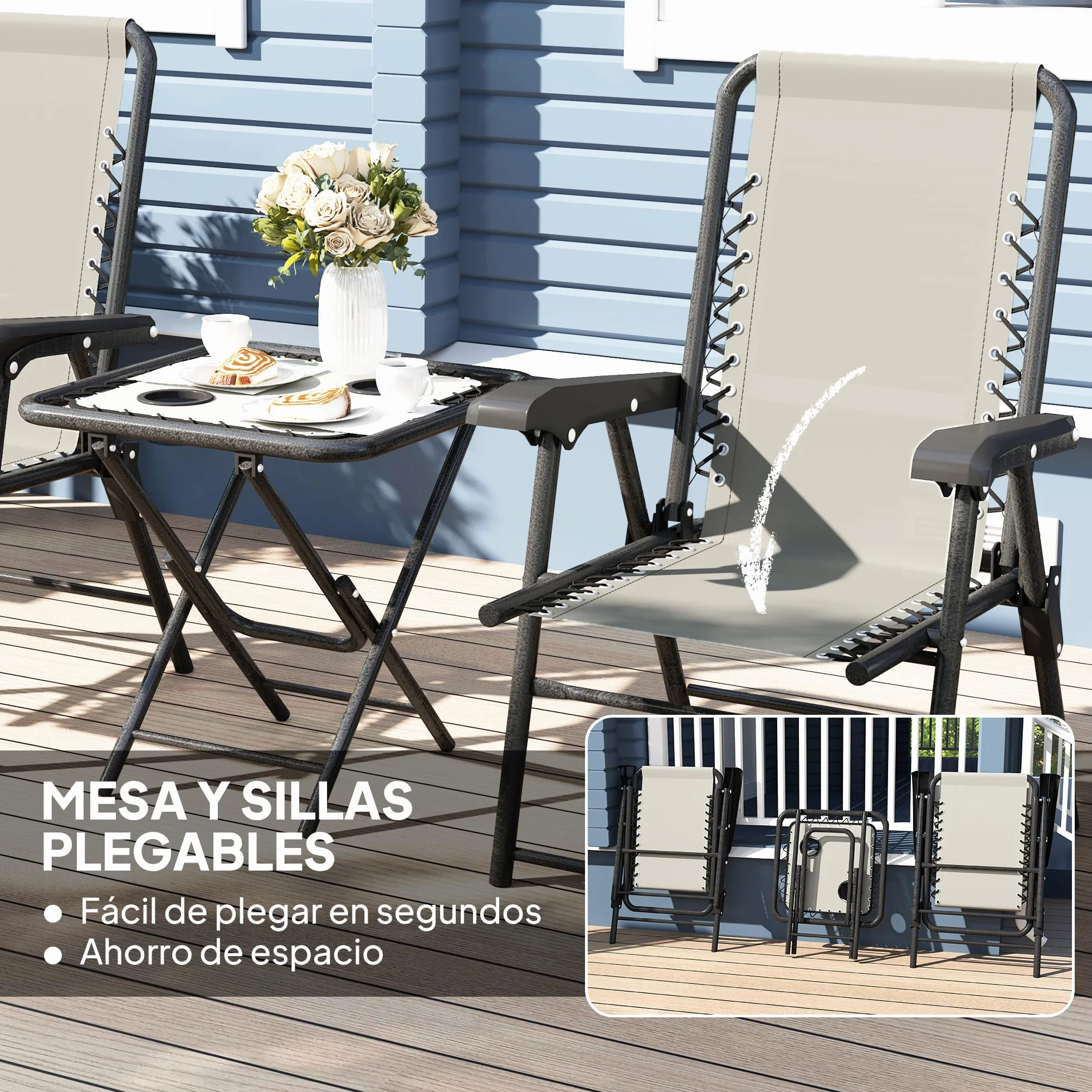 Outsunny Conjunto de Mesa y Sillas de Terraza Exterior 3 Piezas Plegables con Estructura de Acero Gris Oscuro