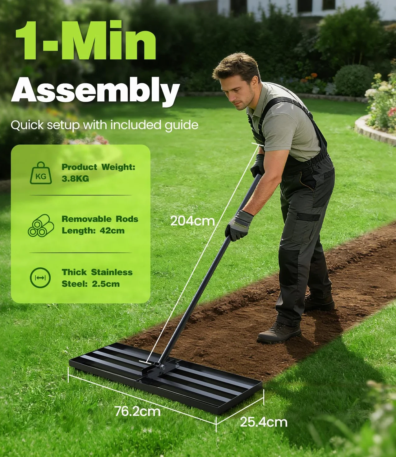 Professional Lawn Leveling Rake with Adjustable Handle, 204x76x25cm Heavy Duty Metal Ground Leveler for Garden