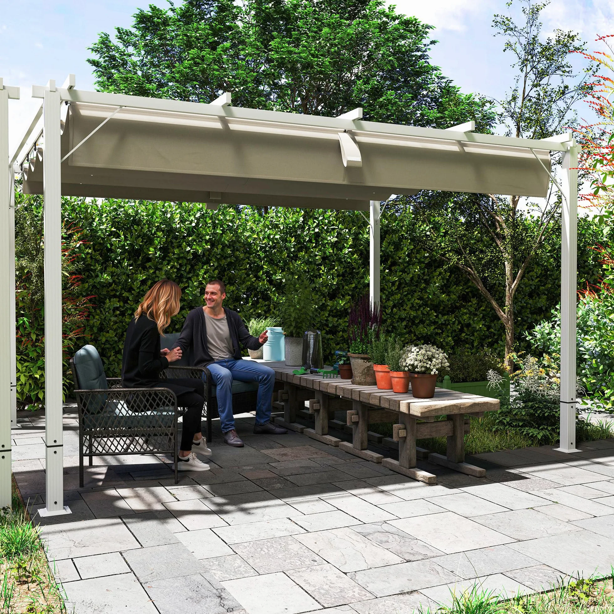 Outsunny Pérgola Exterior Aluminio Retráctil 3x4 m, Cenador Techo Poliéster 180g/m², Protección Solar UPF30+, Blanco