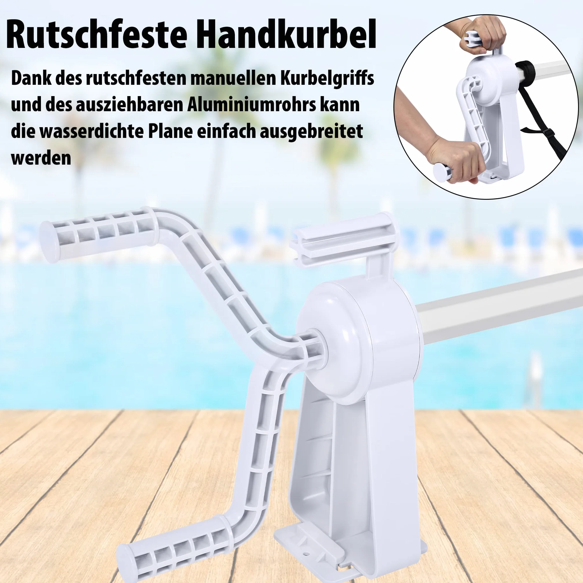 Aufun Enrollador de Piscina Premium 1,05 – 6,15 m Sistema de Enrollado Móvil con 8 Bandas de Fijación