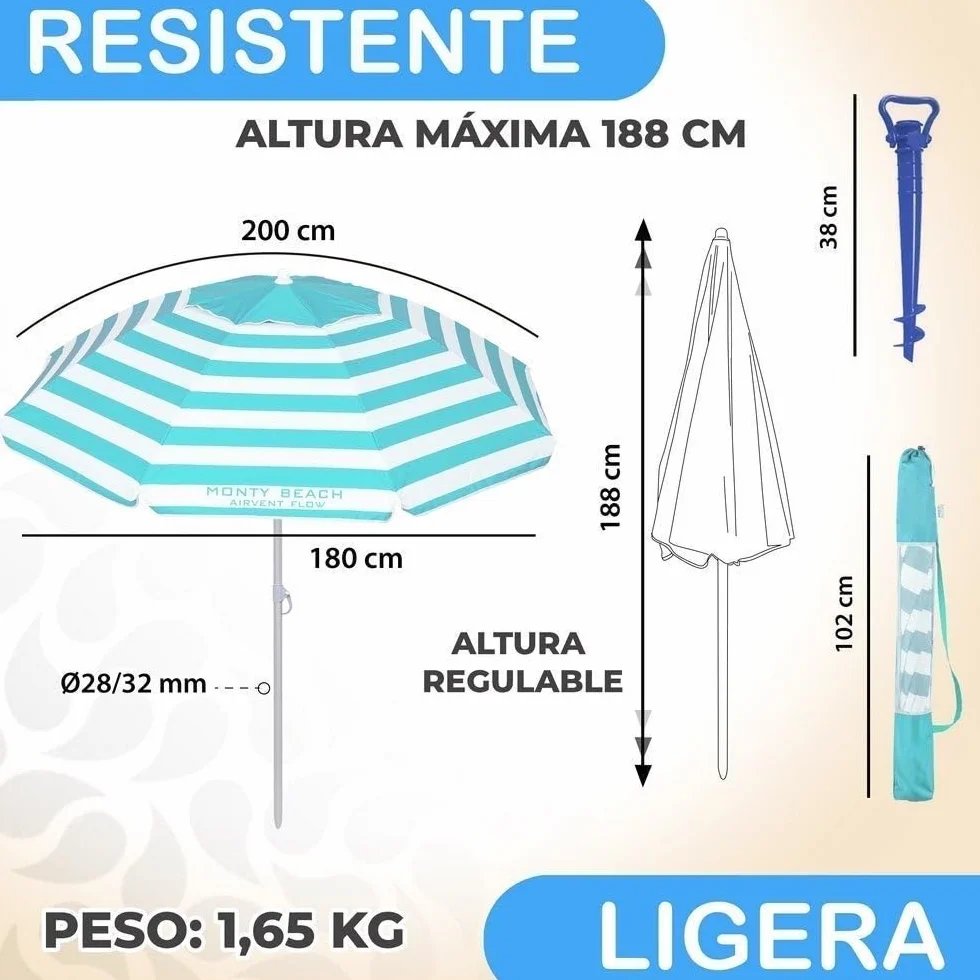 LOLAhome Sombrilla Playa 200 cm Protección UV+50 Antiviento Varillas Flexibles Techo Ventilación Mástil Inclinable Regulable Altura Bolsa Transporte