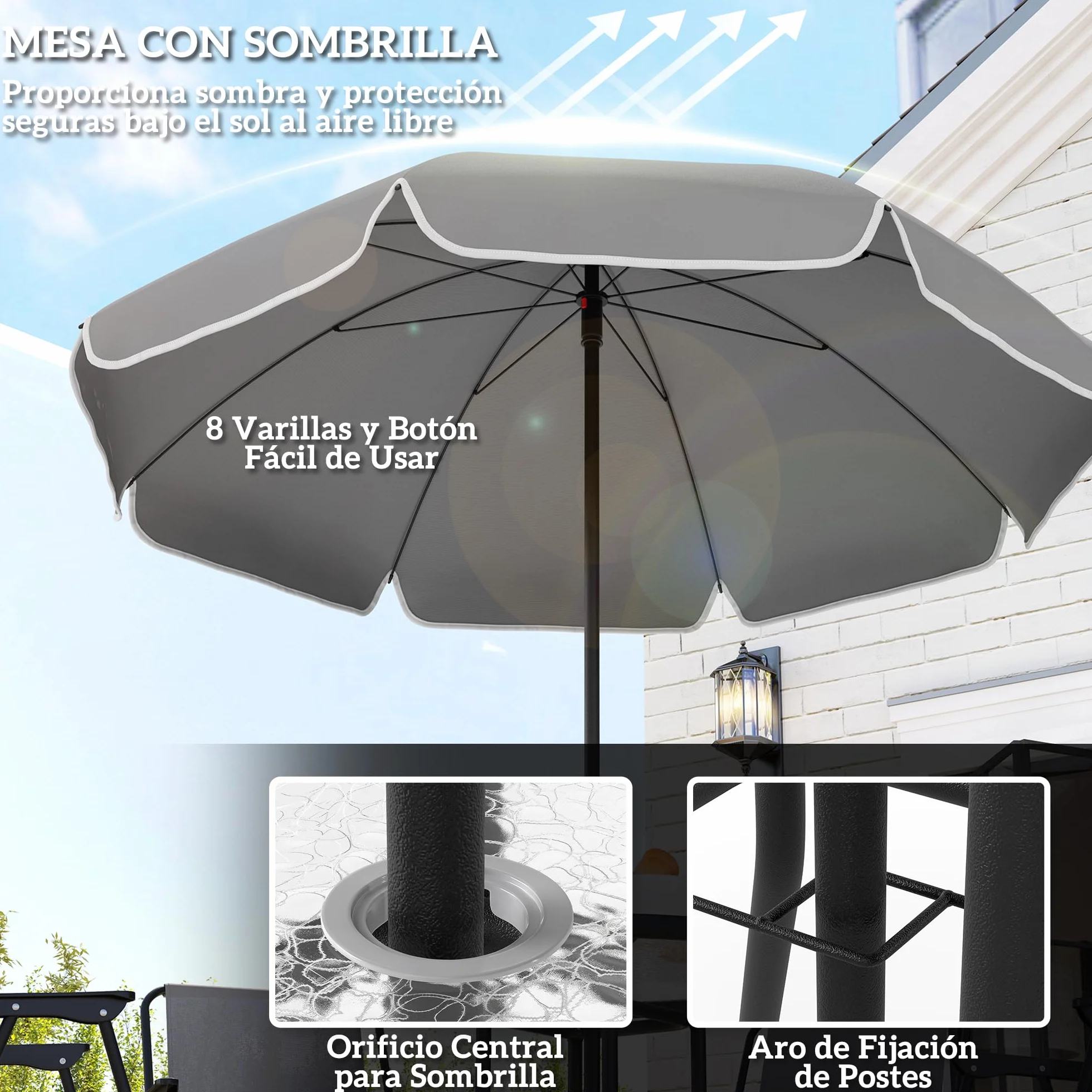 Outsunny Conjunto de Mesa y Sillas Jardín de 6 Piezas Muebles de Jardín Exterior con 4 Sillas Plegables Mesa de Vidrio y Sombrilla para Terraza Patio Gris