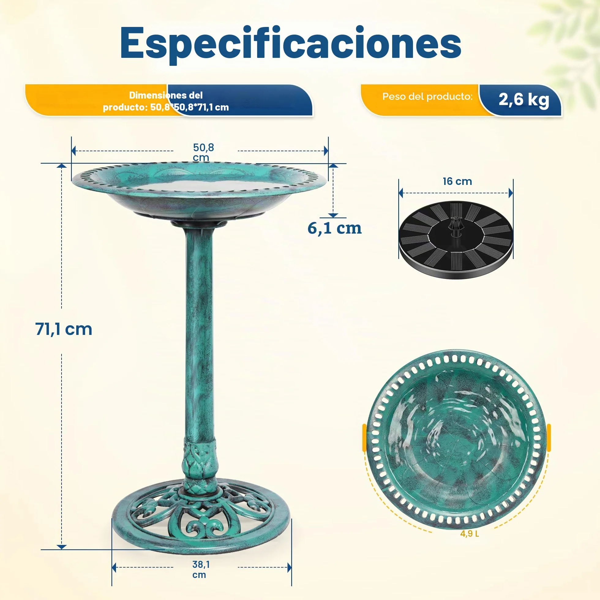 VIVOHOME Baño para Pájaros de Poliresina con Fuente Solar 2 en 1 Antiguo para Jardín