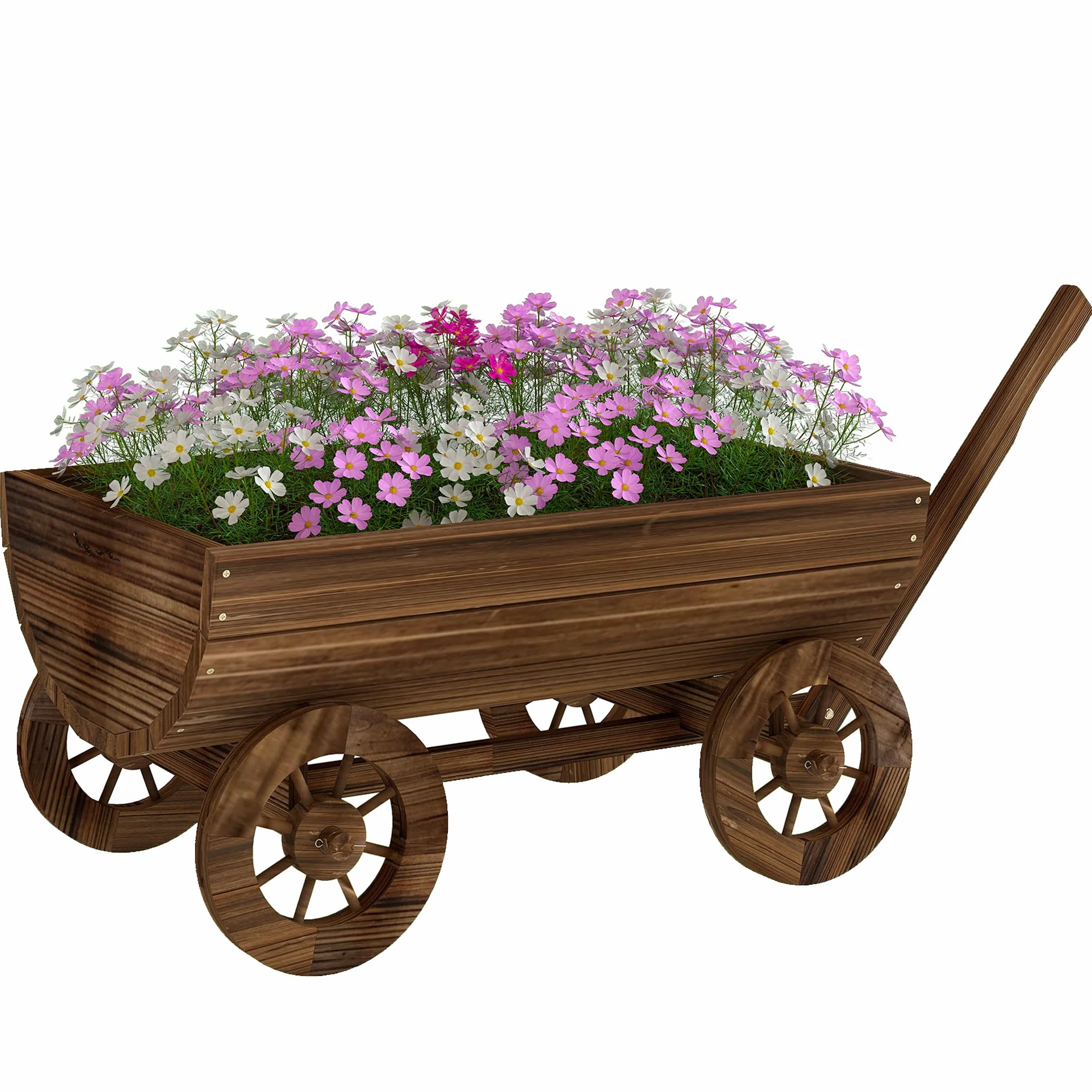 Outsunny Carrito de Madera Decorativa con 4 Ruedas y Mango 115x40x54,5 cm | Jardinera Exterior Móvil con Orificio de Drenaje, Macetero Exterior para Cultivos, Plantas, Jardín, Terraza, Carbonizado