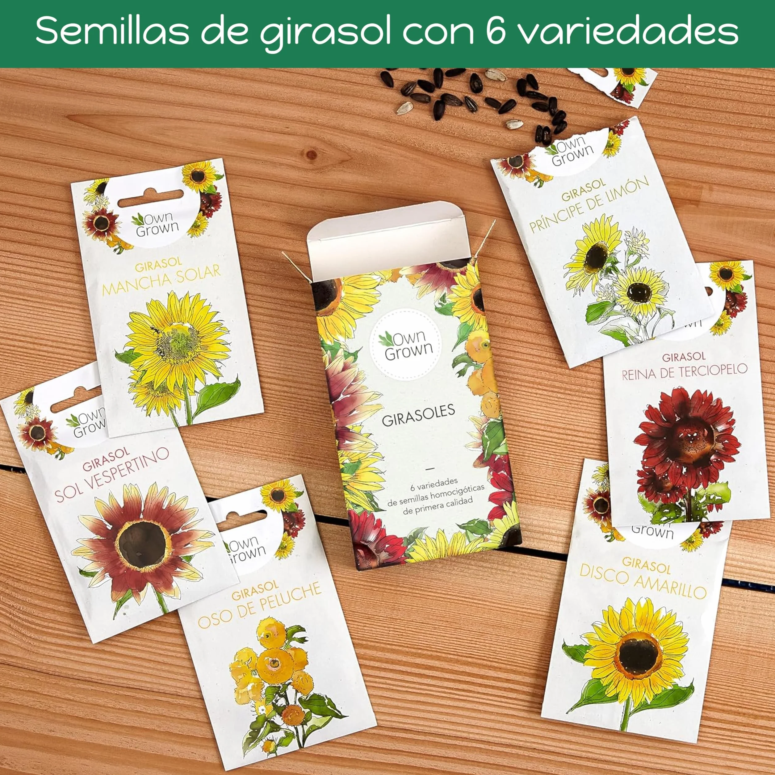 OwnGrown Kit de Semillas de Girasol - 6 Variedades - Set de Regalo para Jardín - Flores para Abejas