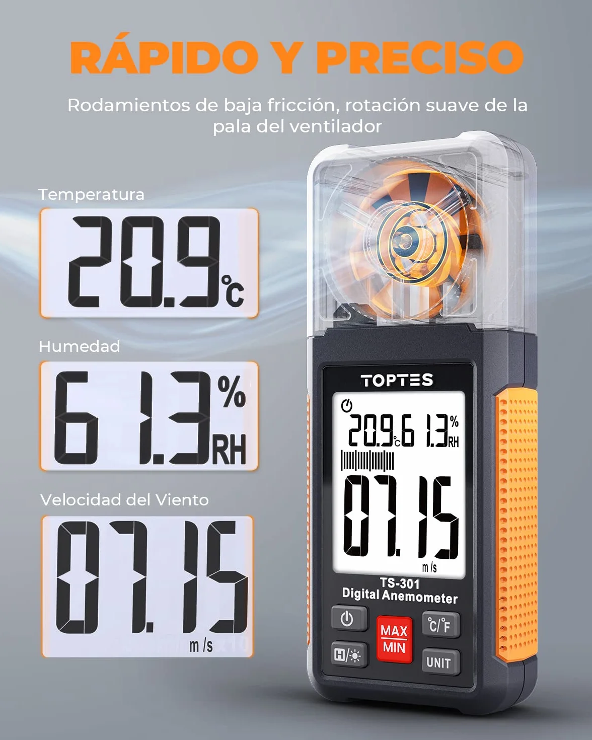 TopTes TS-301 Anemómetro Digital Pantalla LCD 2,26 pulgadas Medidor Velocidad Viento Naranja