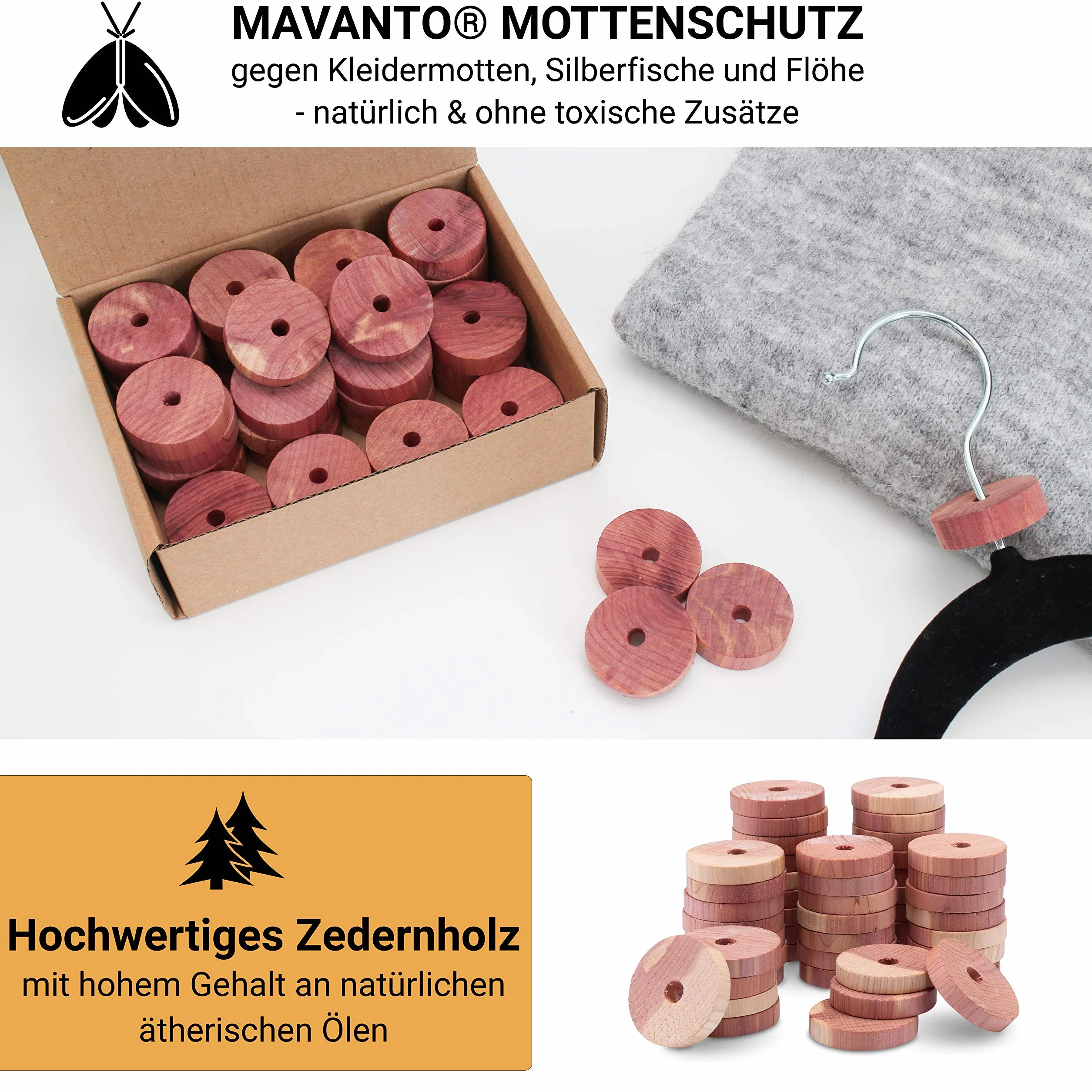 Mavanto 48x Antipolillas de Madera de Cedro para Armarios y Perchas - 100% Natural - incl. Papel de Lija GRATUITO