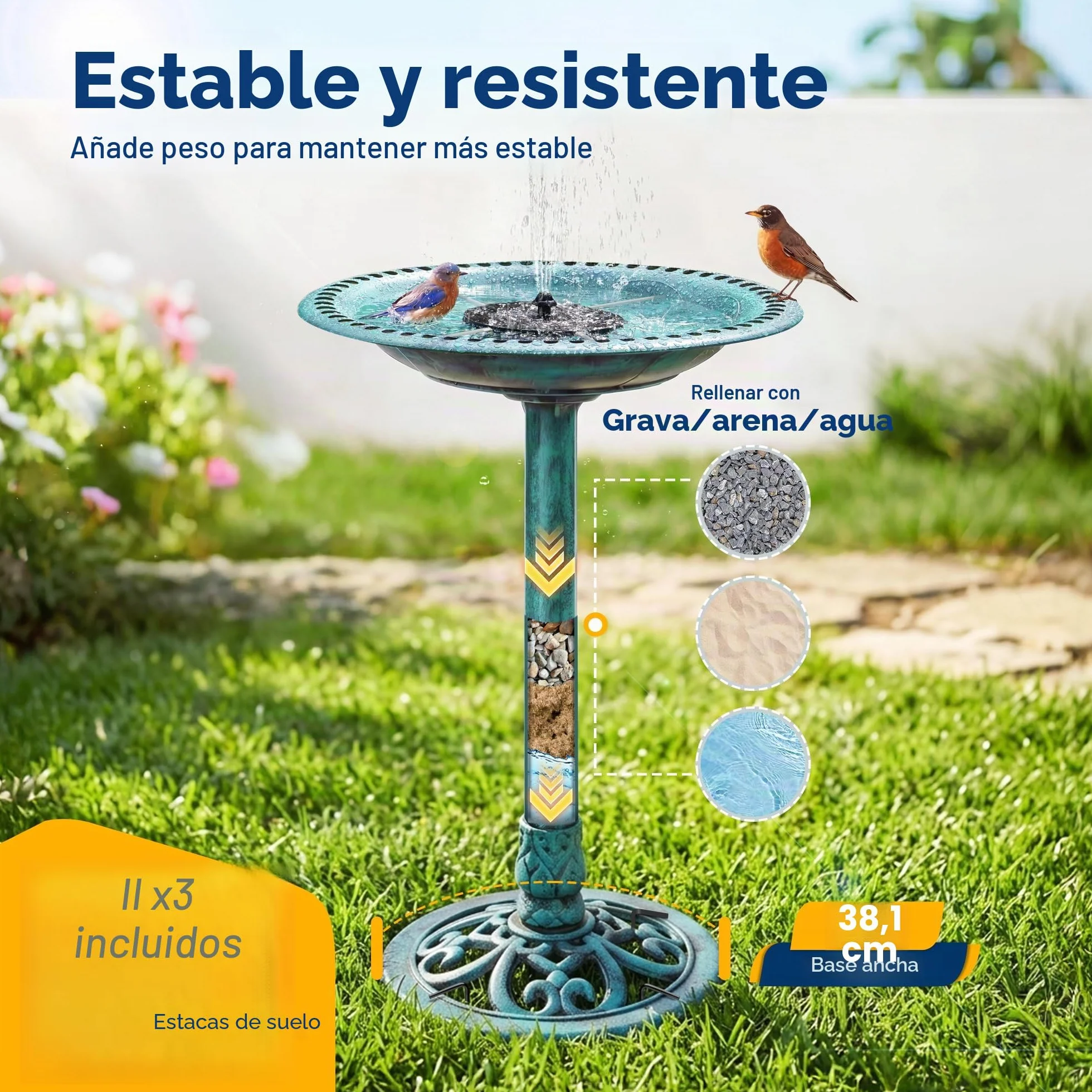 VIVOHOME Baño para Pájaros de Poliresina con Fuente Solar 2 en 1 Antiguo para Jardín