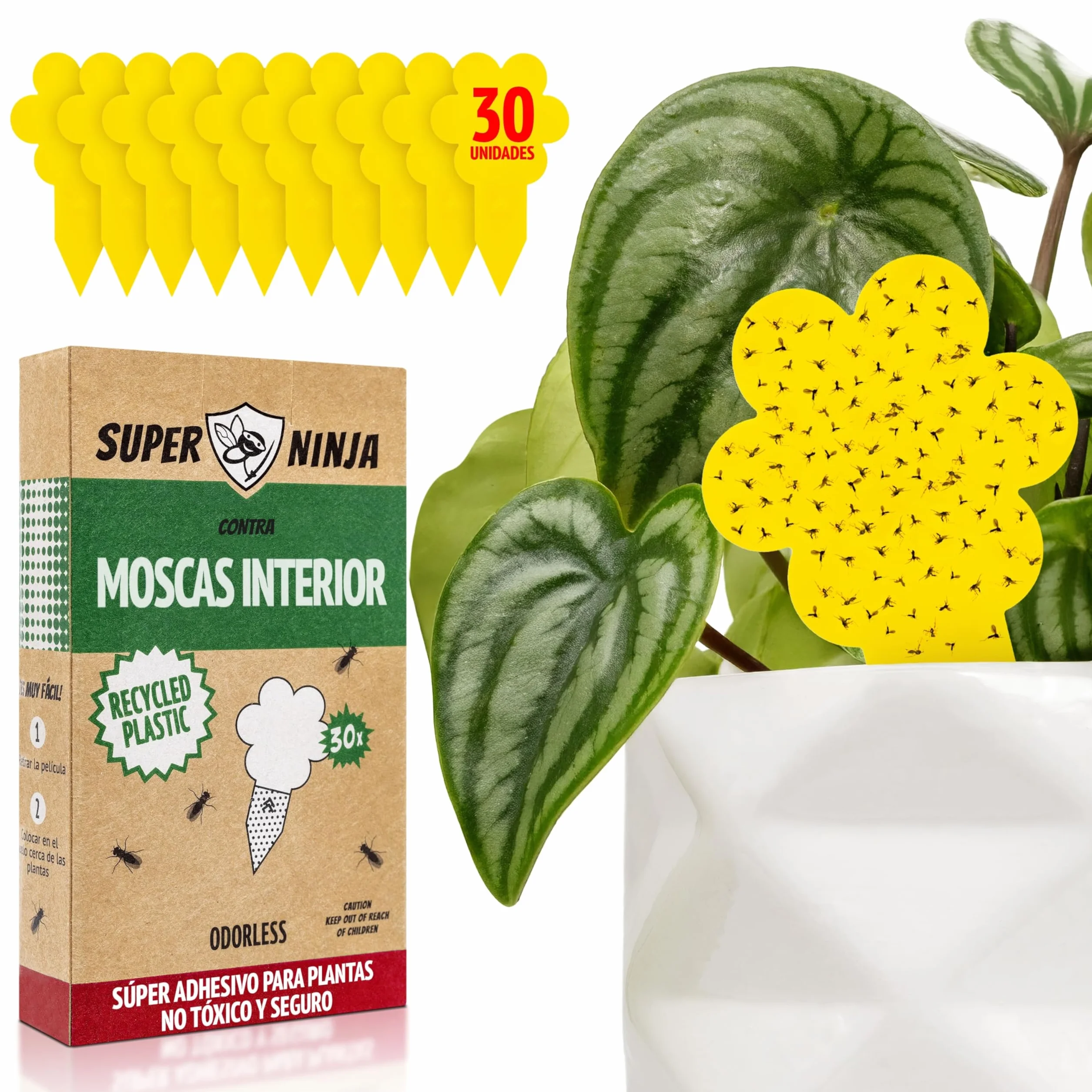 Trampas para Moscas Pack 30 Adhesivas Plantas Interiores No Tóxico Ecológico 3 Meses