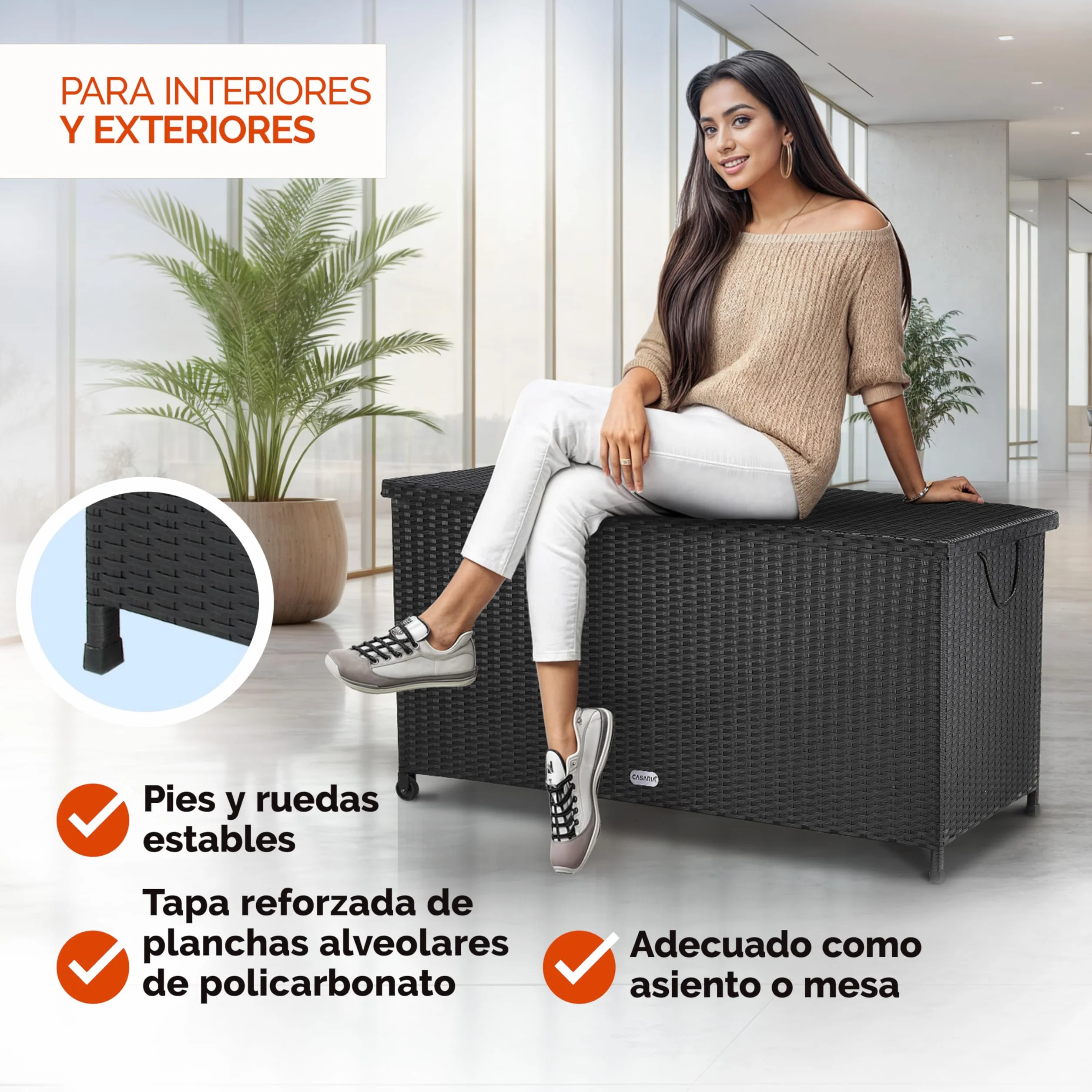 CASARIA Baúl de Almacenamiento Exterior XXL 270L 117x53x60cm Poliratán Negro 2 Ruedas