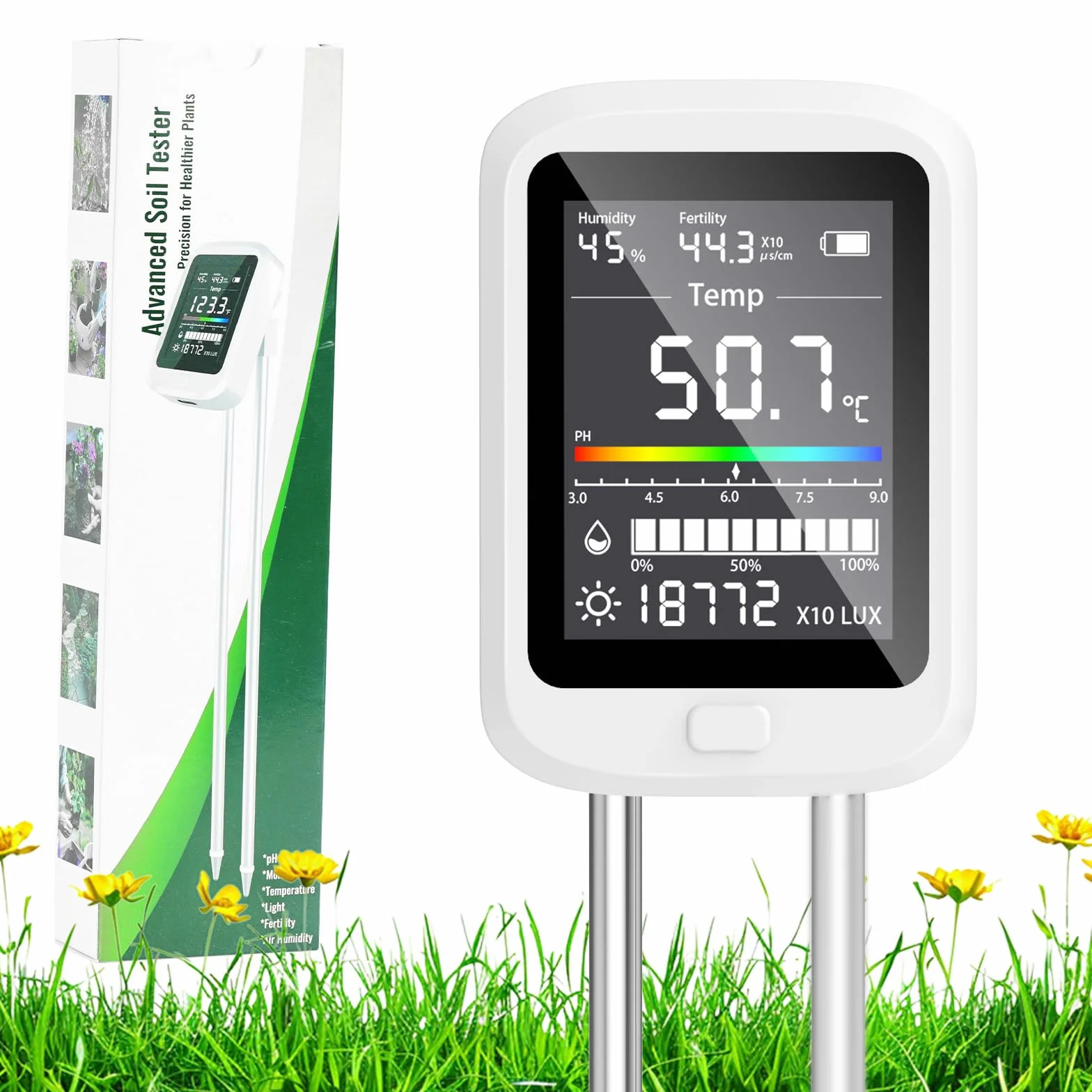 Medidor Digital de Suelo 6 en 1, Pruebas de pH e Intensidad Luminosa para Plantas