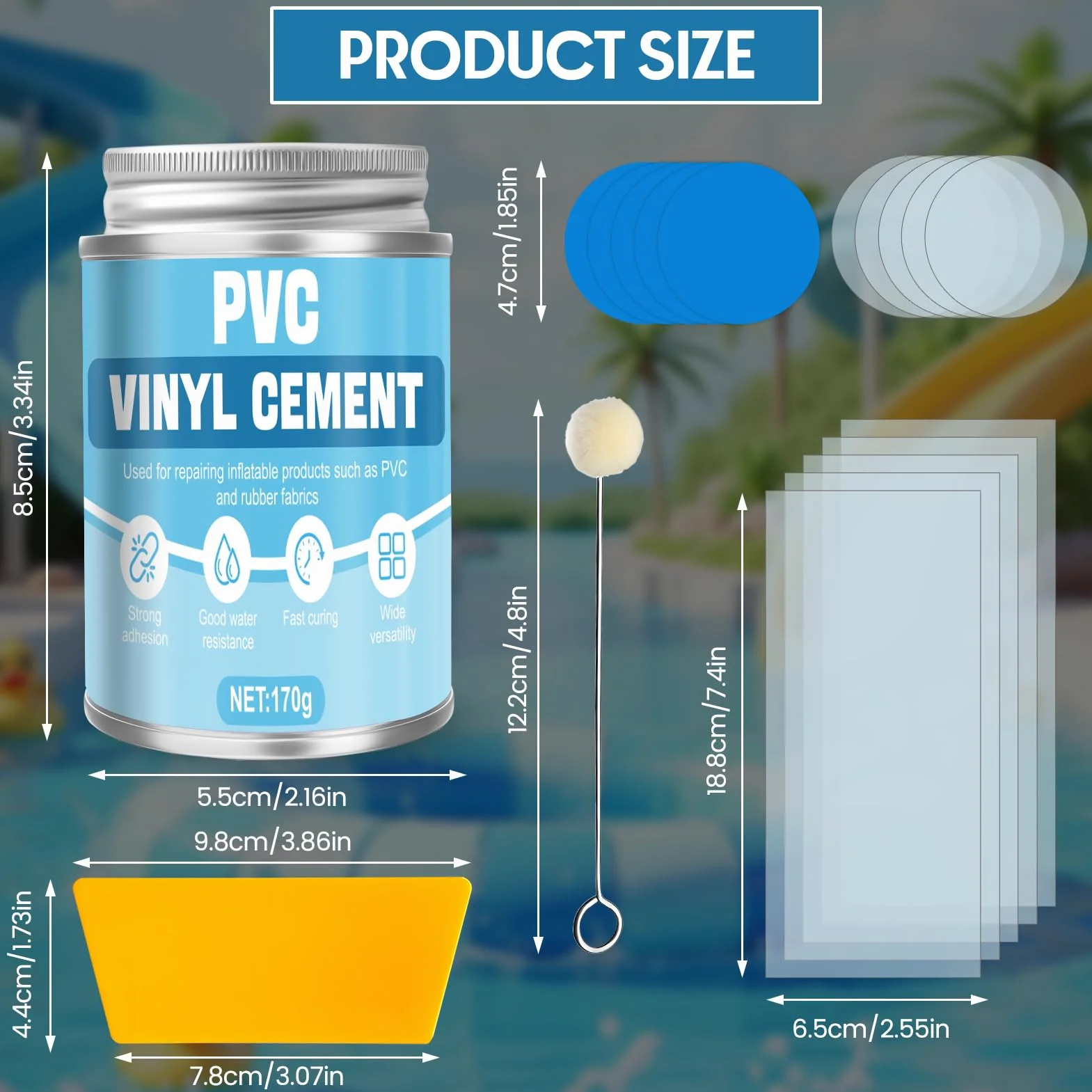 Pegamento PVC 170g para Parche Piscina y Reparación de Botes Inflables, Kayaks, Lonas