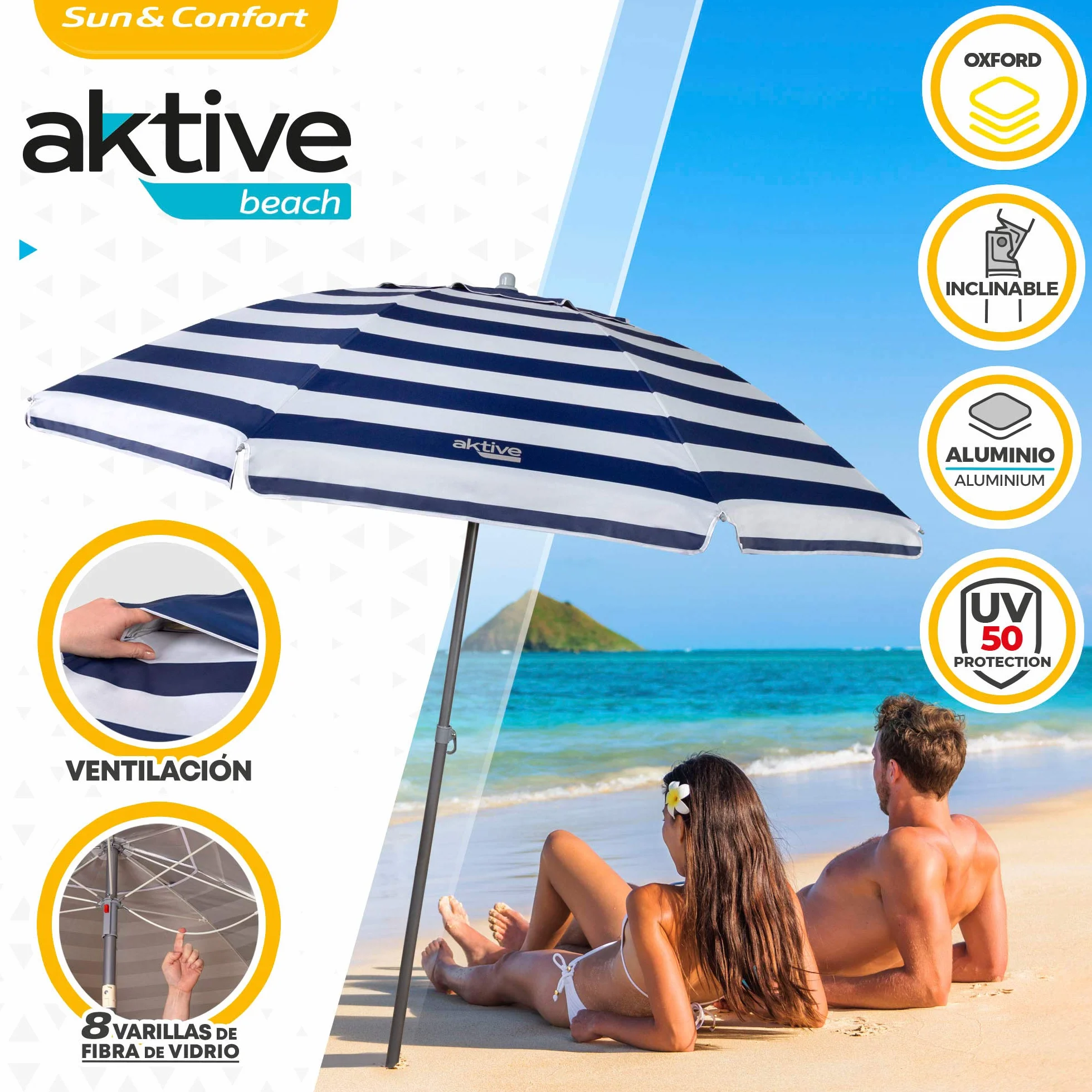 AKTIVE Sombrilla Playa Grande 220 cm, UV50, Inclinable, Regulable Altura, Mástil Acero, Tejido Oxford, 8 Varillas, Funda Transporte
