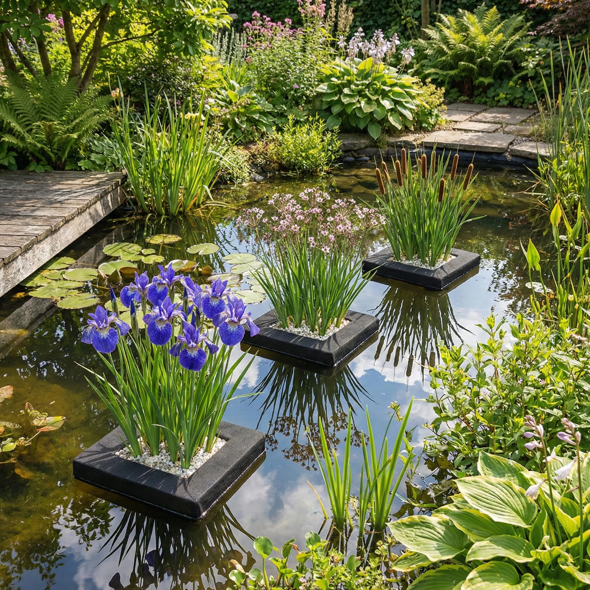 Set de Islas Flotantes para Estanque, Pack de 3 con 12 Plantas Acuáticas, Kit Completo con Cesta de Plantación