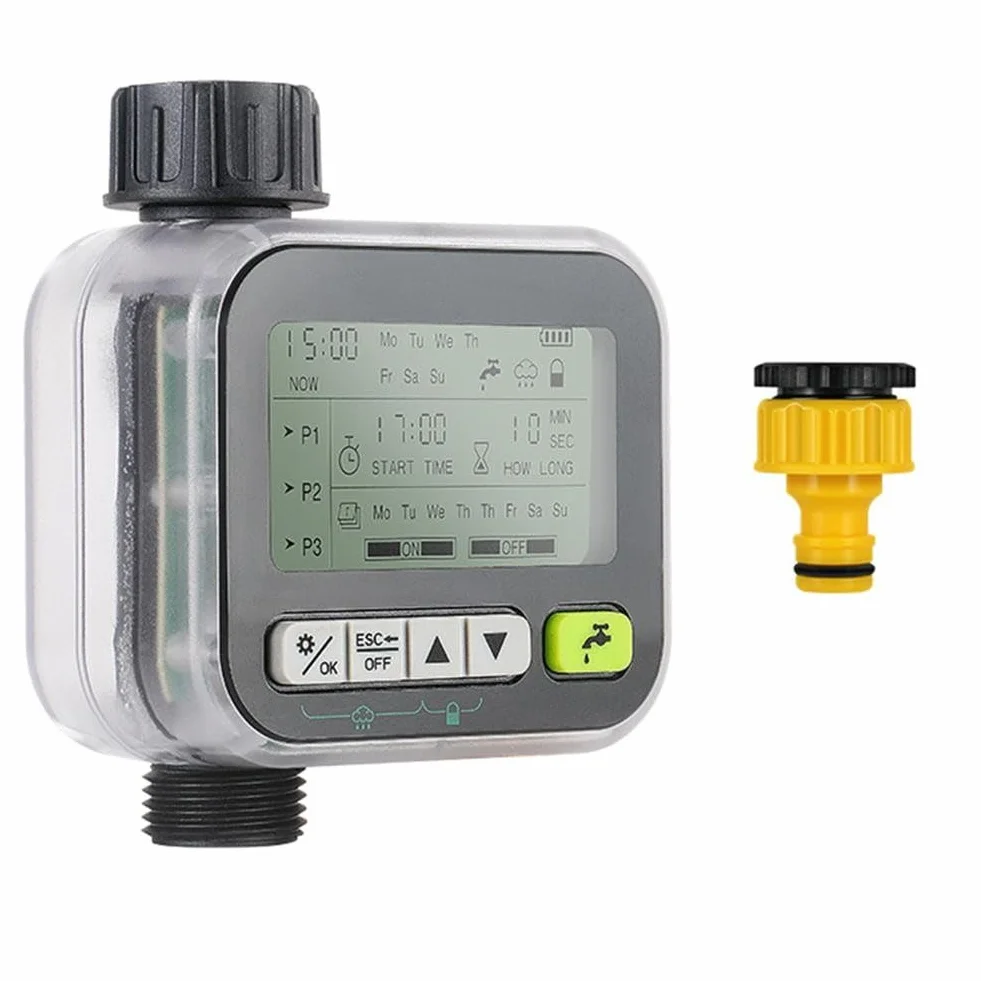 Temporizador de riego de jardín con sensor de lluvia, IPX5 impermeable, pantalla LCD