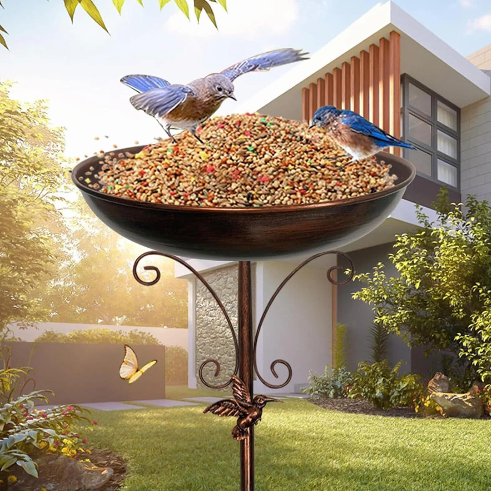Teksome Bebedero para Aves Exterior, Metal con Soporte Decorativo para Jardín