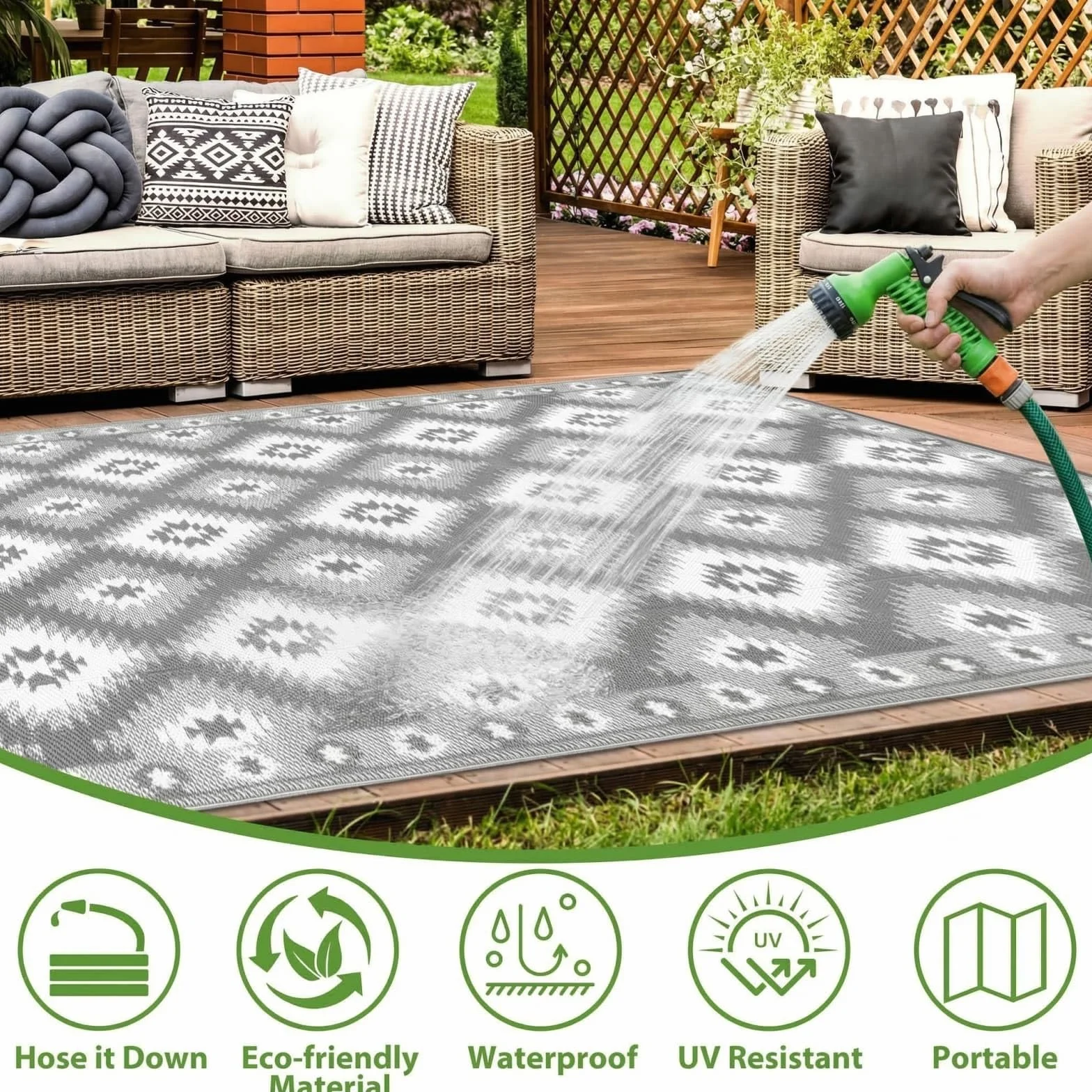 SHACOS Alfombra Terraza Exterior 240x300cm Reversible Plástico Jardín Camping Picnic