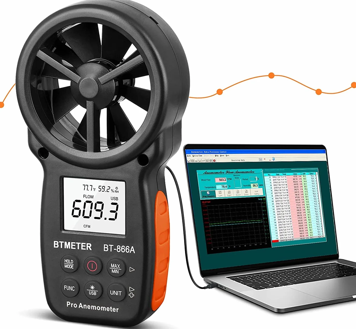 Anemómetro Digital Portátil Medidor CFM USB Velocidad Viento Temperatura Flujo Aire Humedad