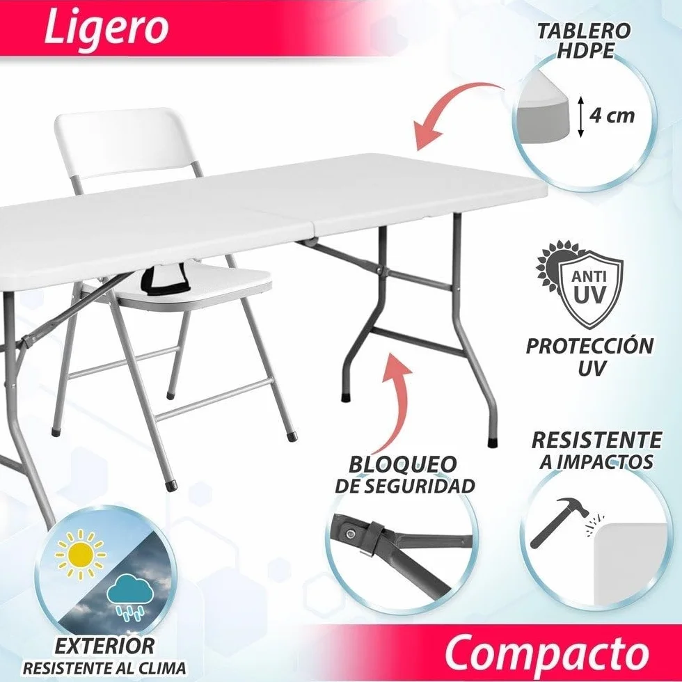 LOLAhome Conjunto Mesa 180 cm y 6 Sillas Plegable, de Acero Anticorrosión y HDPE | Resistente, fácil Transporte, fácil Montaje | Ideal Acampadas, Picnic, Catering, Jardín, Terraza