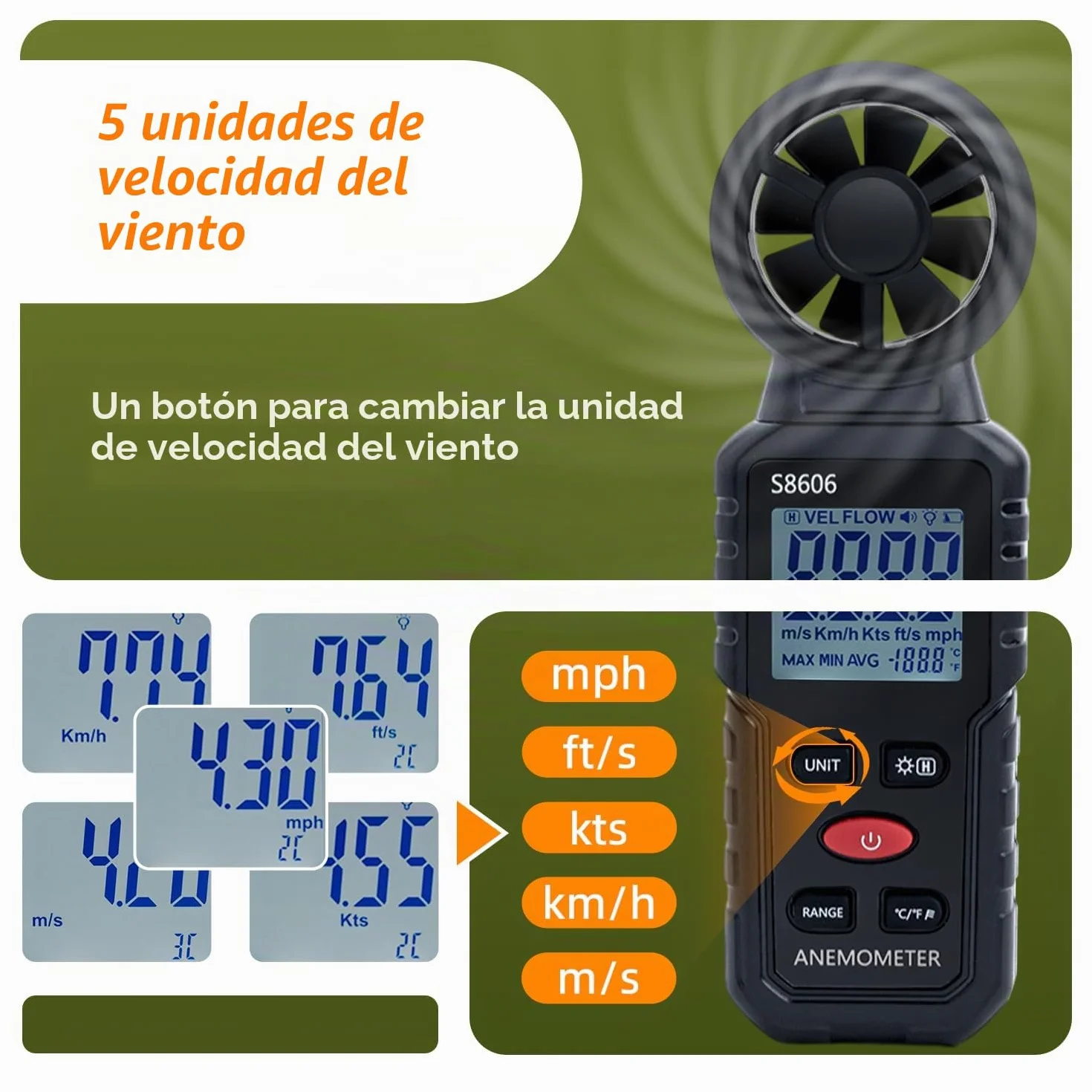 Anemómetro Portátil Digital 3 en 1, Medidor de Velocidad del Viento con Temperatura y Windchill