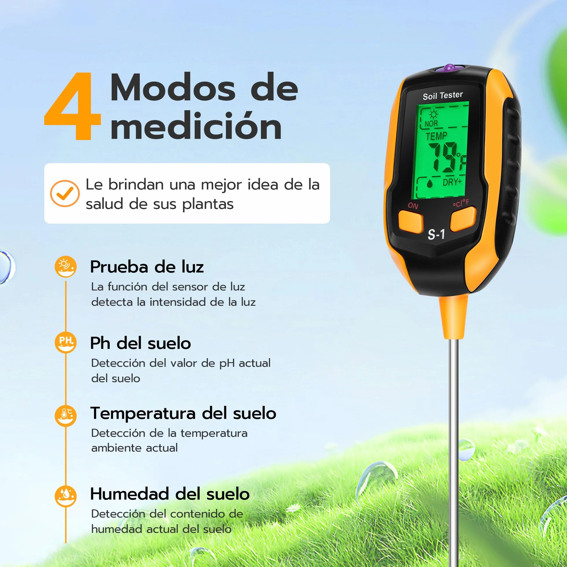 Medidor de Humedad Suelo 4 en 1, Termómetro Digital para Plantas con Pantalla LCD, Medidor de pH y Luz Solar para Jardinería