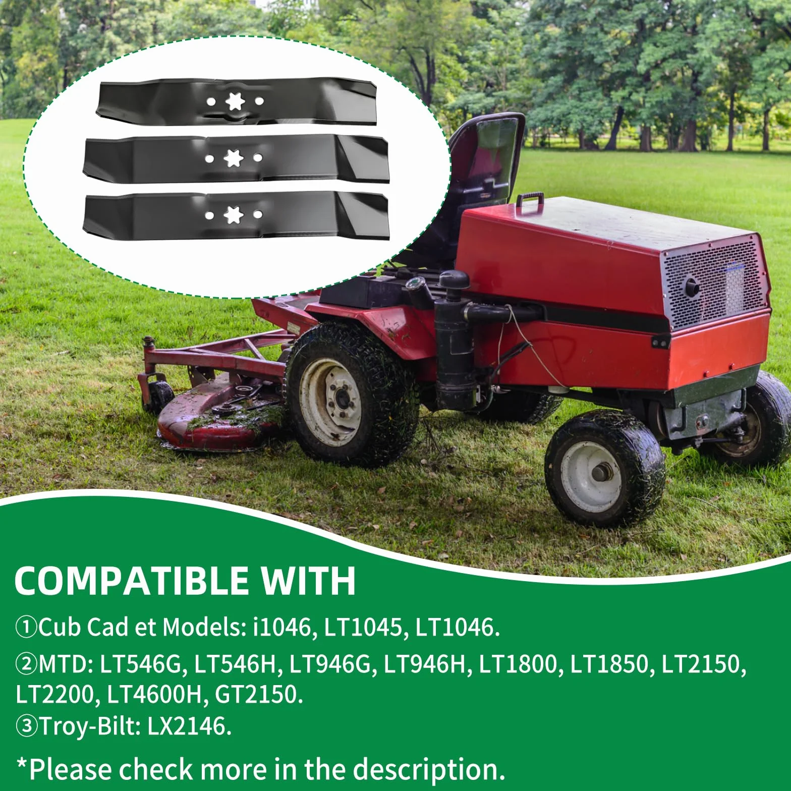 Kit de cuchillas para cortacésped 942-04125 y 942-04124, compatible con cubierta Cub Cadet/MTD/Troy Bilt de 46 pulgadas, cuchillas de repuesto para cortacésped LT1045 LT1046 i1046, reemplaza 742-04124