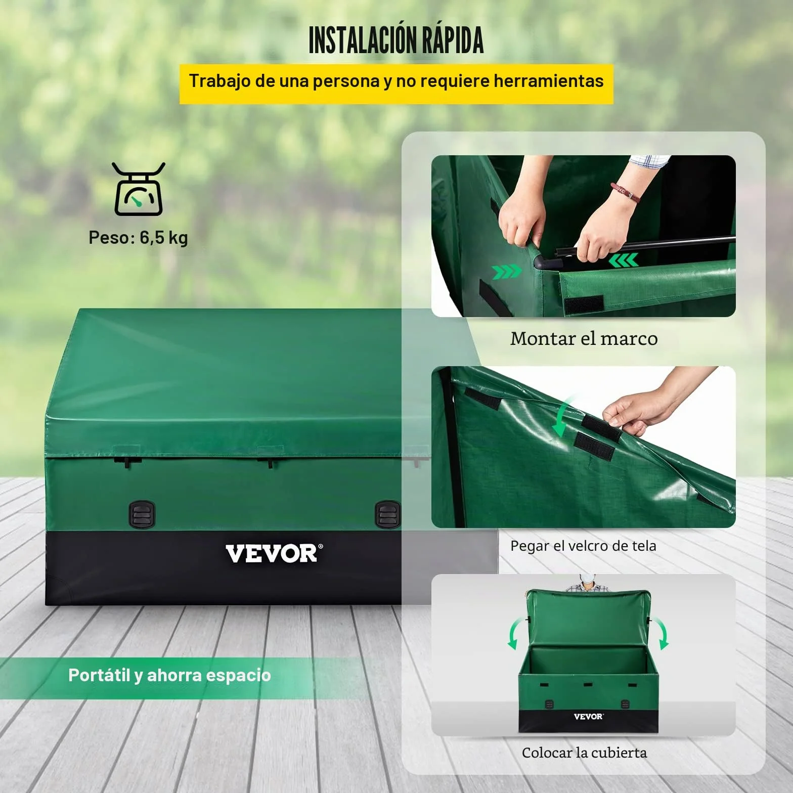VEVOR Caja de Almacenamiento Exteriores 150 Galones Arcón Jardín Tela Lona PE Baúl Portátil 155x63x75x52 cm Verde