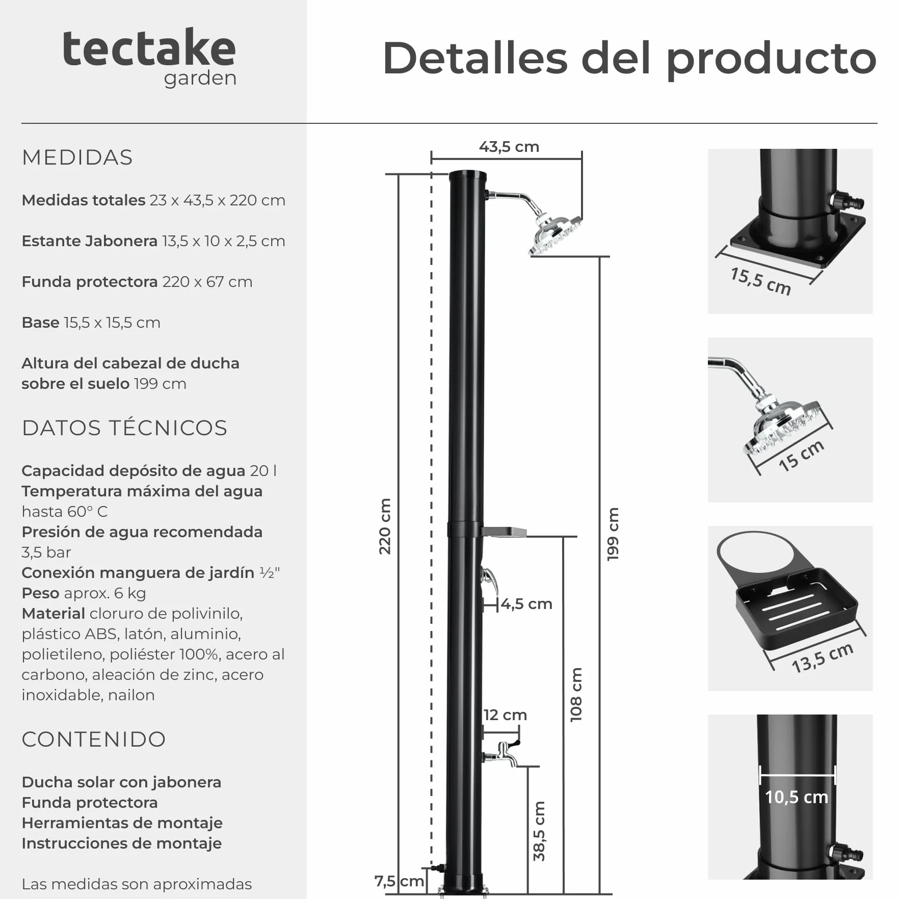 Ducha Exterior Jardin 20L Negro Resistente Intemperie Temperaturas Altas Alcachofa 360° Grifo Pies Conexión Manguera Solar