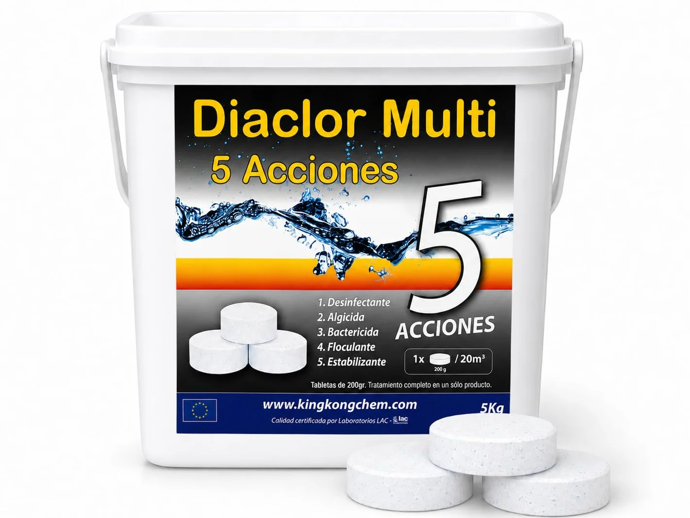 DIACLOR Pastillas de Cloro Lento 200g 5KG 25 Tabletas Multi 5 Acciones para Piscinas