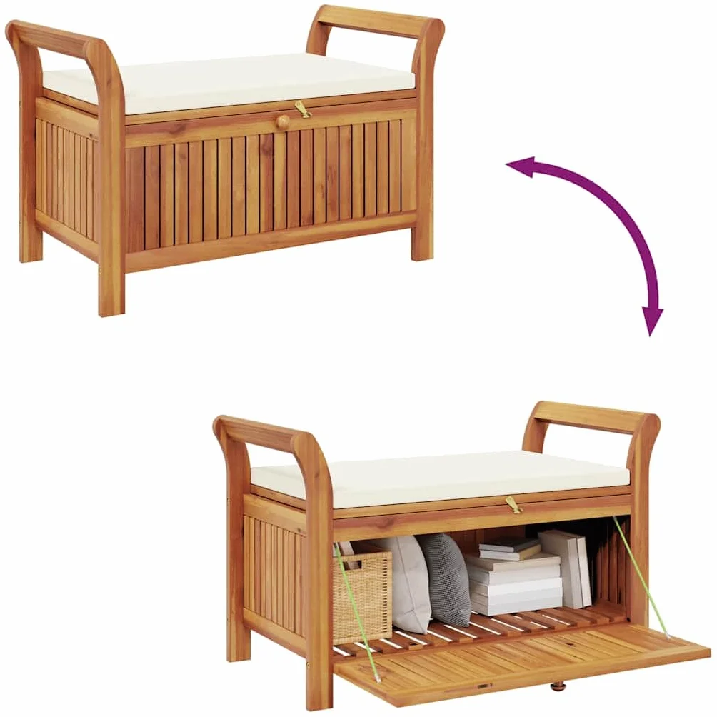 vidaXL Banco almacenaje jardín cojín Madera Maciza Acacia 91 cm