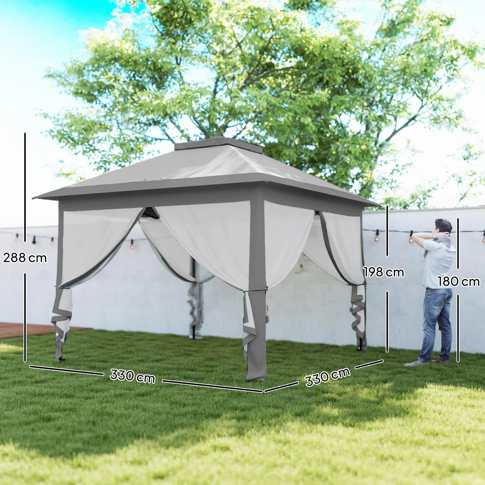 Outsunny Carpa Plegable 3,3x3,3 m Cenador de Jardín con Altura Ajustable en 3 Niveles Doble Techo 4 Mosquiteras Extraíbles y Bolsa de Transporte Impermeable Anti-UV Gazebo para Exterior Fiestas Gris