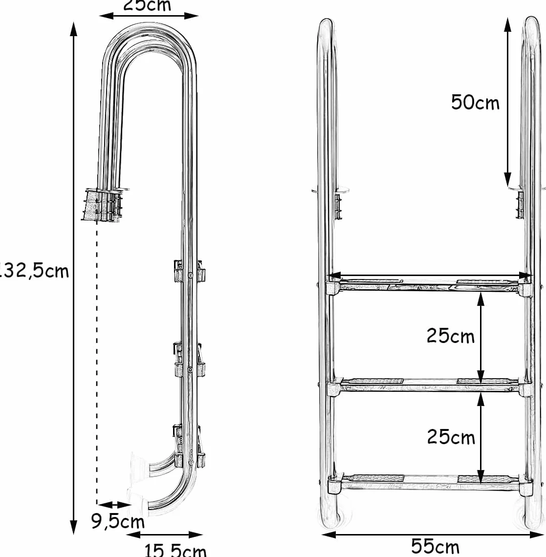 GYMAX Escalera de Piscina de 3 Peldaños de Acero Inoxidable, 150 kg, 55 x 25 x 132,5 cm, Plateado