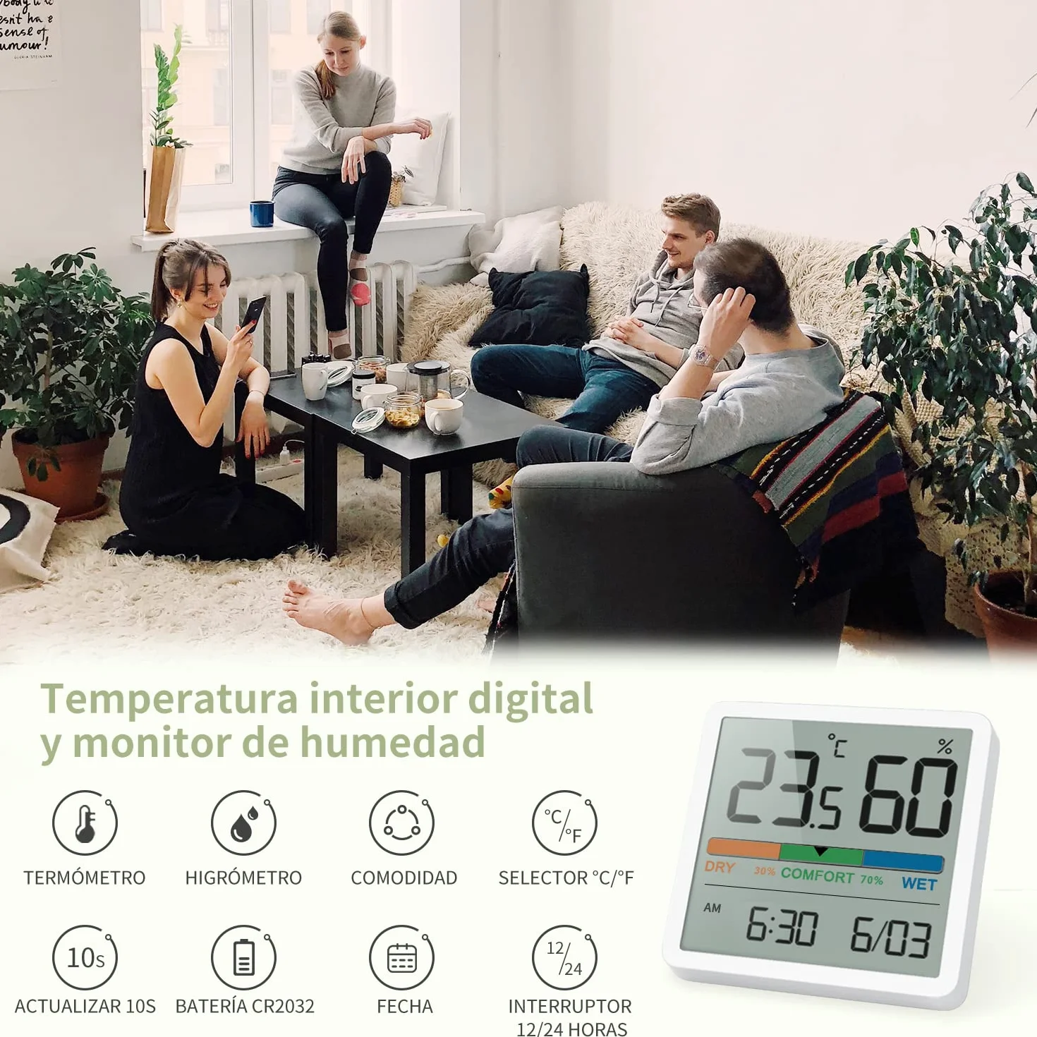 NOKLEAD Termómetro Higrómetro Digital de Escritorio con Monitor de Temperatura y Humedad (Blanco)