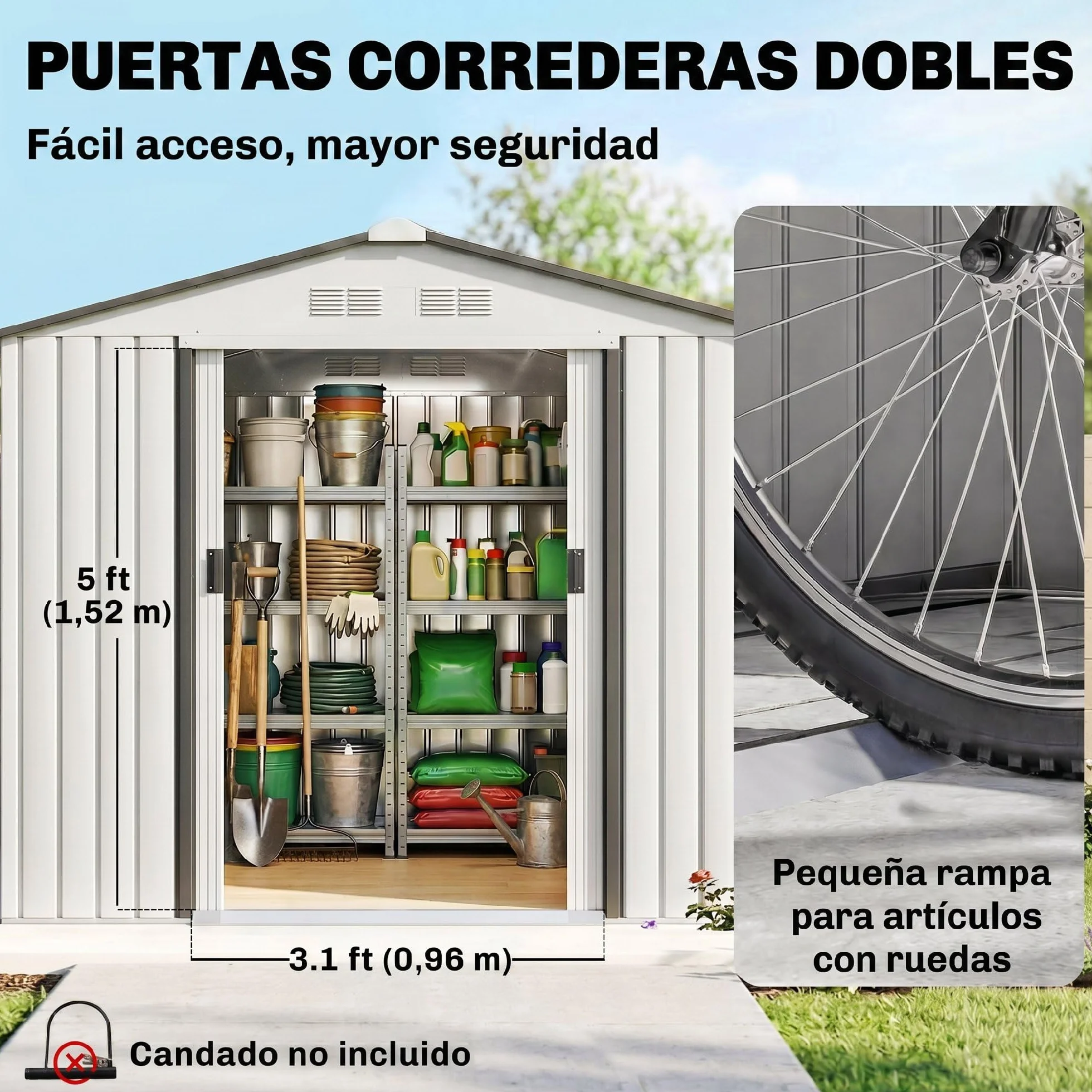 Outsunny Caseta de Jardín Exterior 2,5 m² Metálico con 2 Puertas Correderas y 4 Ventanas Blanco