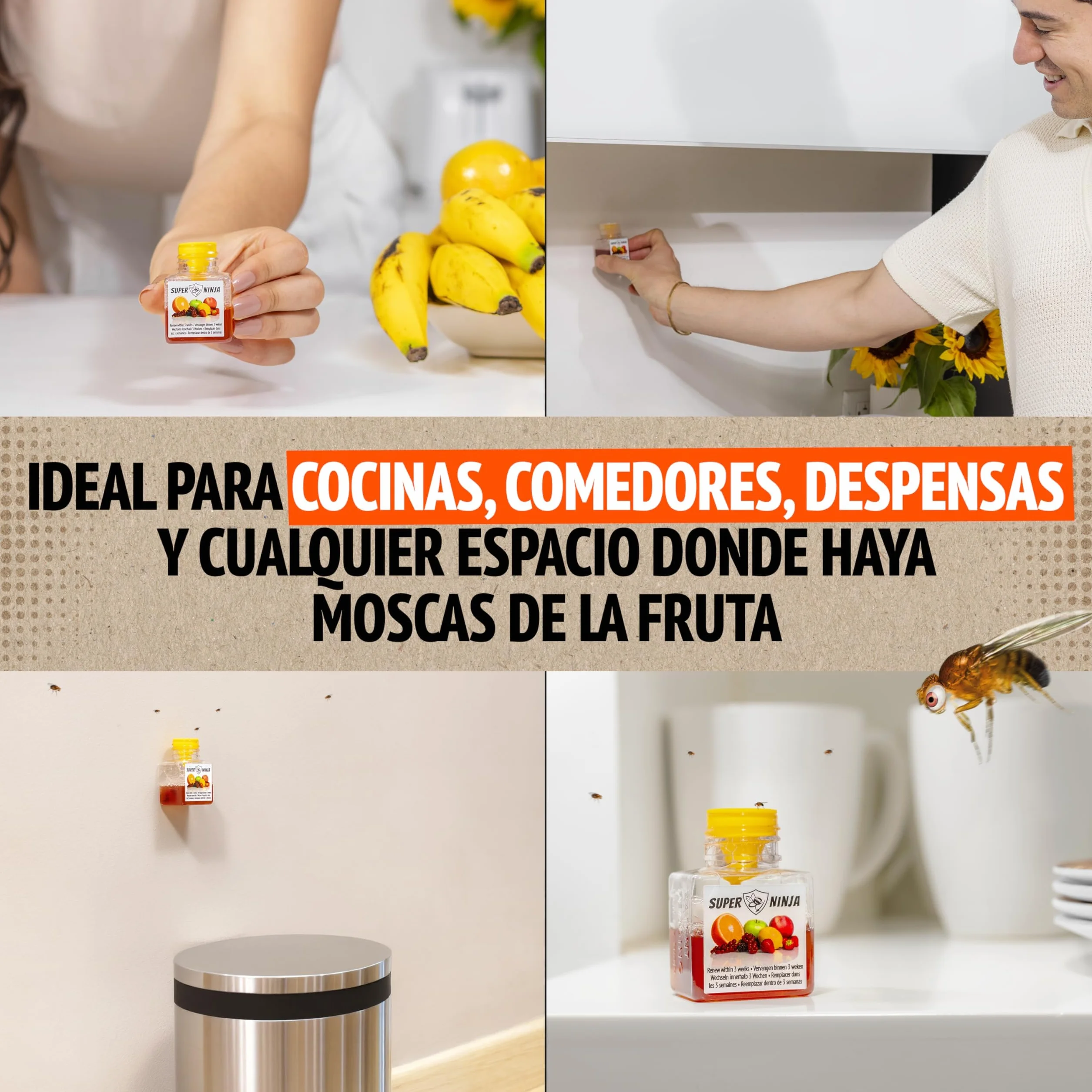 Trampas para Moscas de la Fruta Pack de 4, Trampa para Moscas Interior Hogar y Cocina, Cebo Líquido Efectivo