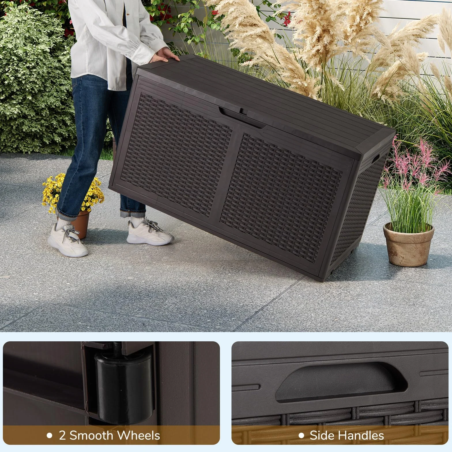 GOPLUS Baúl Almacenaje Exterior 380 L, Arcón Resina Impermeable con Cerradura, 111 x 56 x 61 cm Marrón