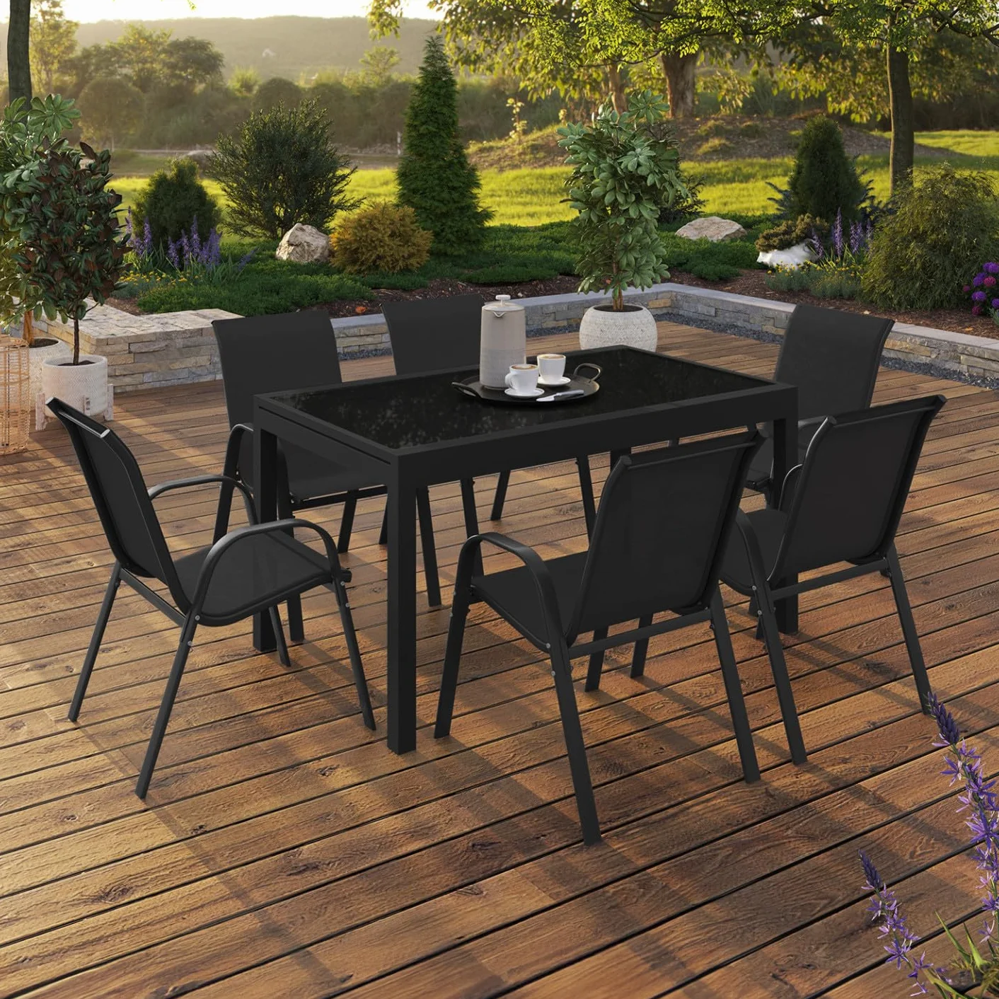 IDMarket - Juego de jardín Madrid con mesa extensible de 135-270 cm y 12 sillas apilables, color negro