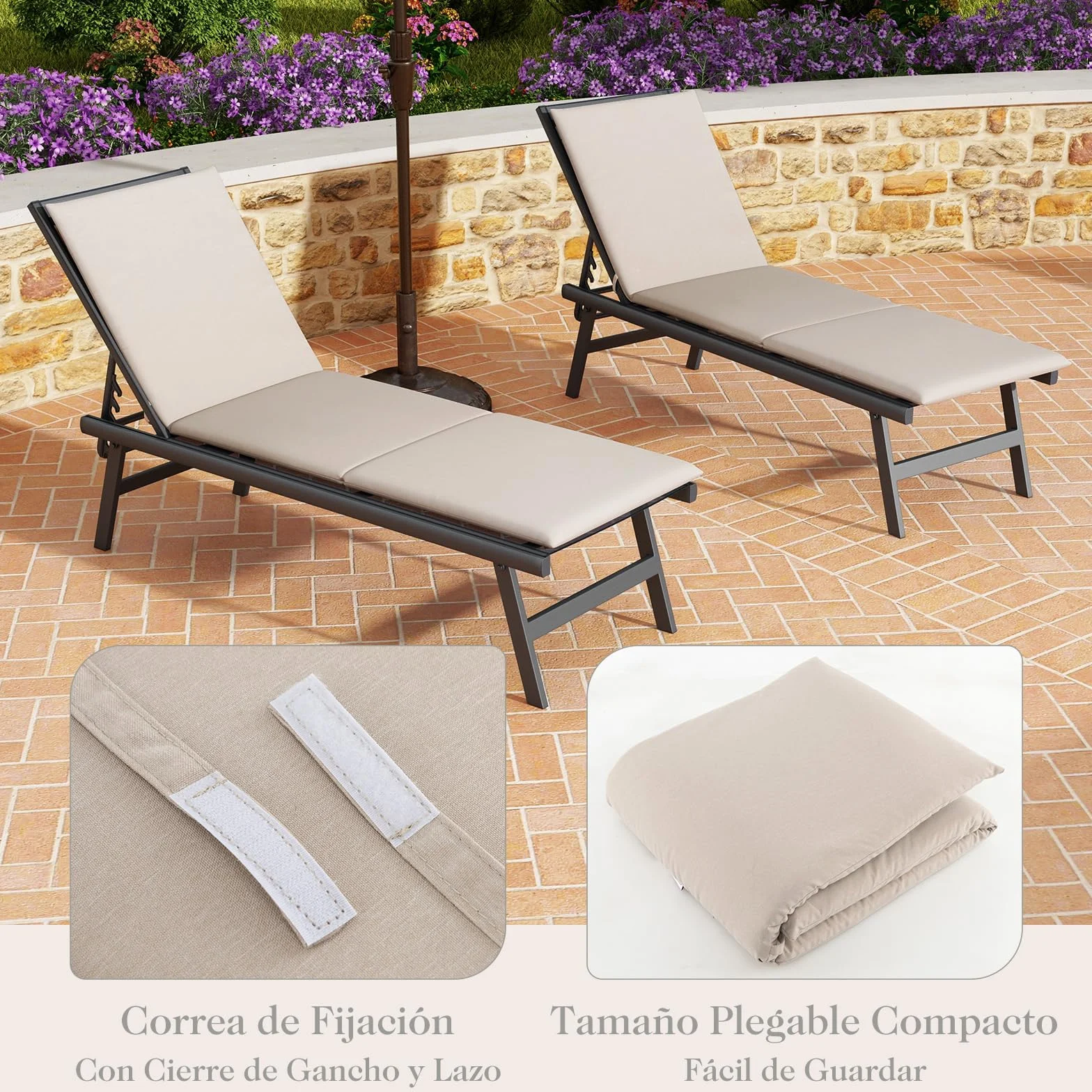 COSTWAY Tumbona Impermeable 182x59x4.5cm Colchonetas Exterior con Correas Fijación Cierre Gancho Bucle Blanco 2