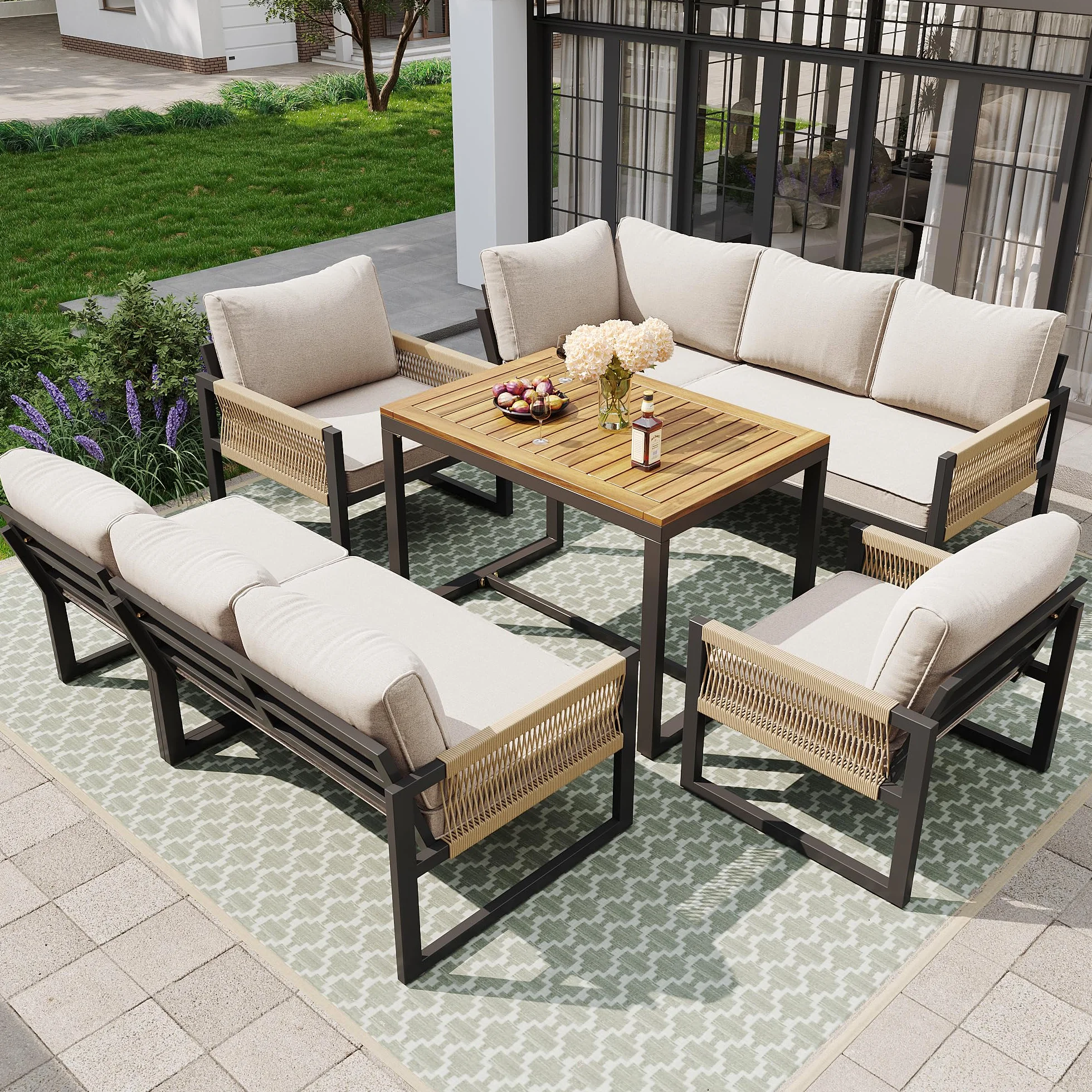 Juego de salón de jardín, grupo de comedor para 7-8 personas, muebles de jardín, juego de muebles de jardín, balcón, terraza, resistente a la intemperie, grupo de comedor moderno