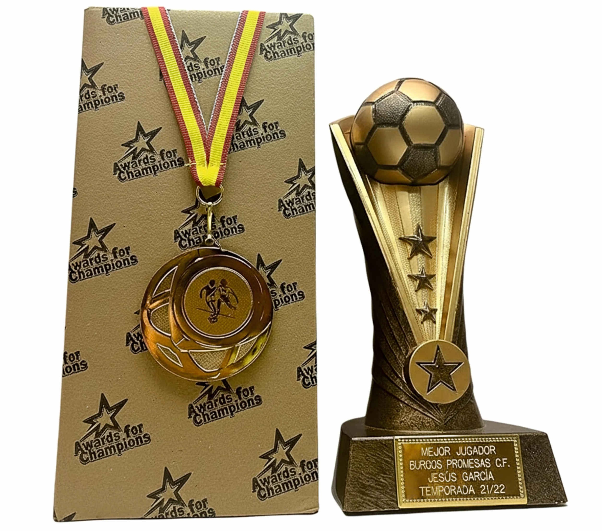 Trofeo de fútbol Balón de Oro grabado para mejor jugador, máximo goleador, con medalla de oro