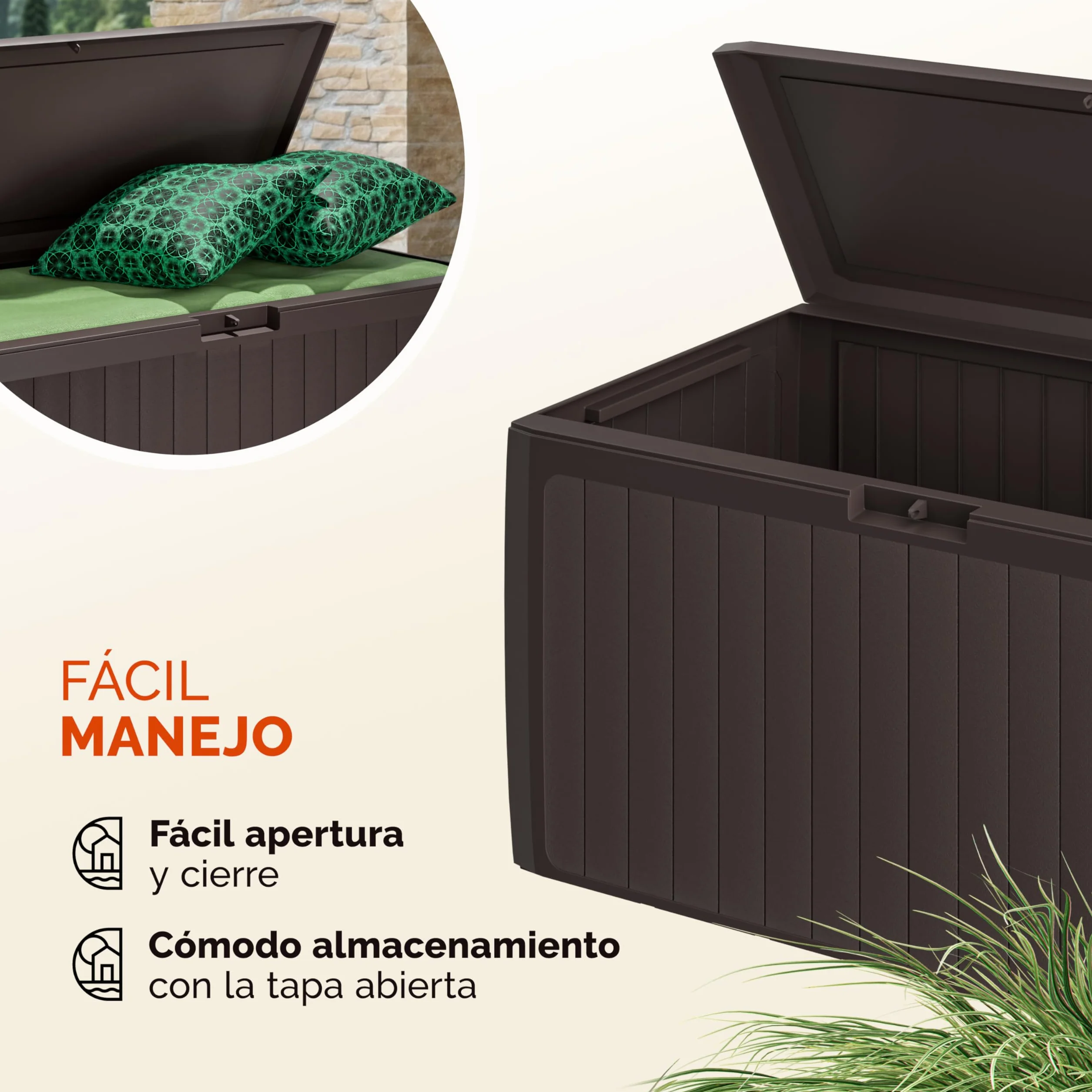 CASARIA Arcón Jardín Exterior Baúl Almacenaje 290L 6 Ruedas Asas Resistente Intemperie Rayos UV 117x47x60cm Marrón