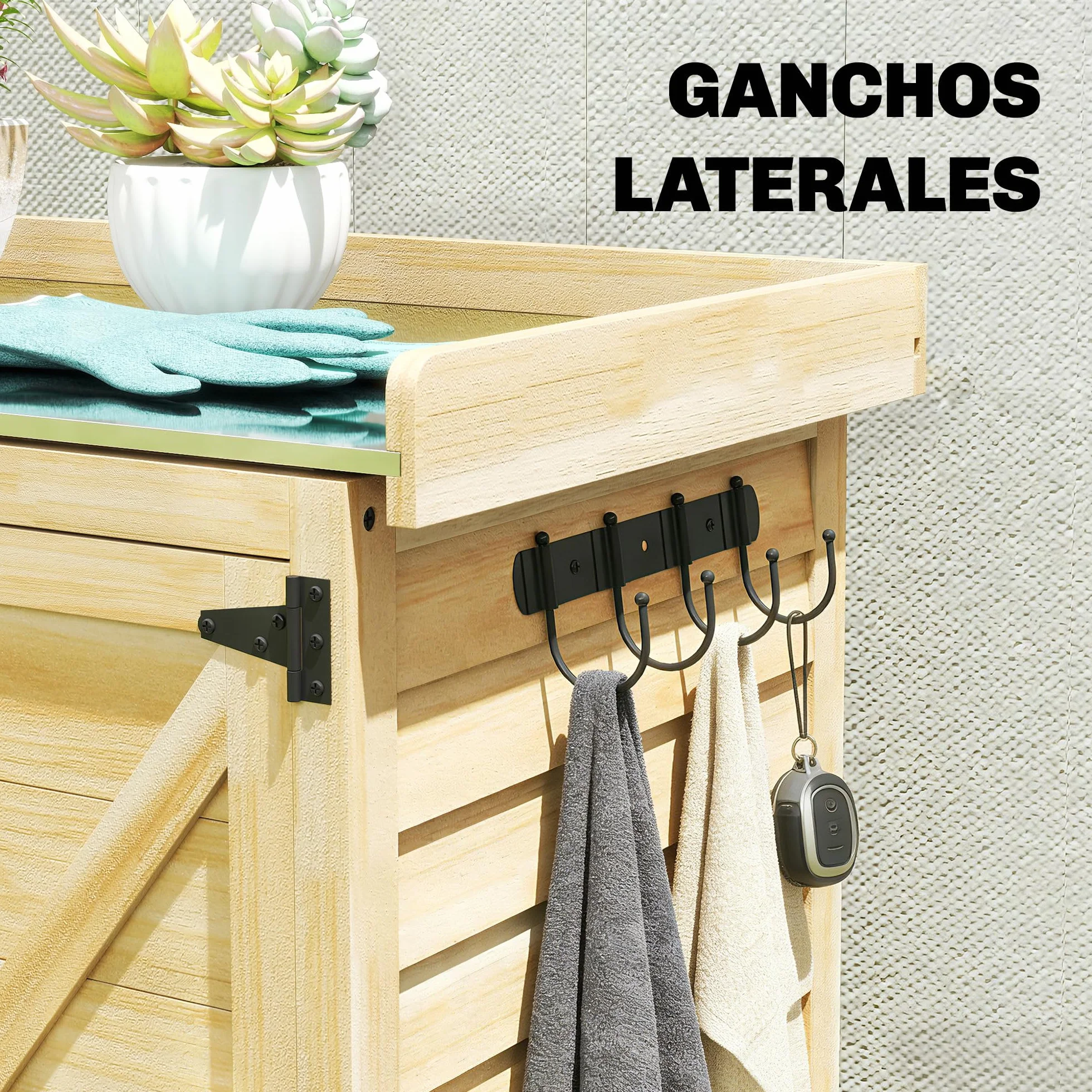 Outsunny Armario Exterior Madera Caseta Jardín Techo Metal Galvanizado Estantes 2 Puertas Ganchos Cobertizo Almacenaje Herramientas 71,5x39x95 cm Natural