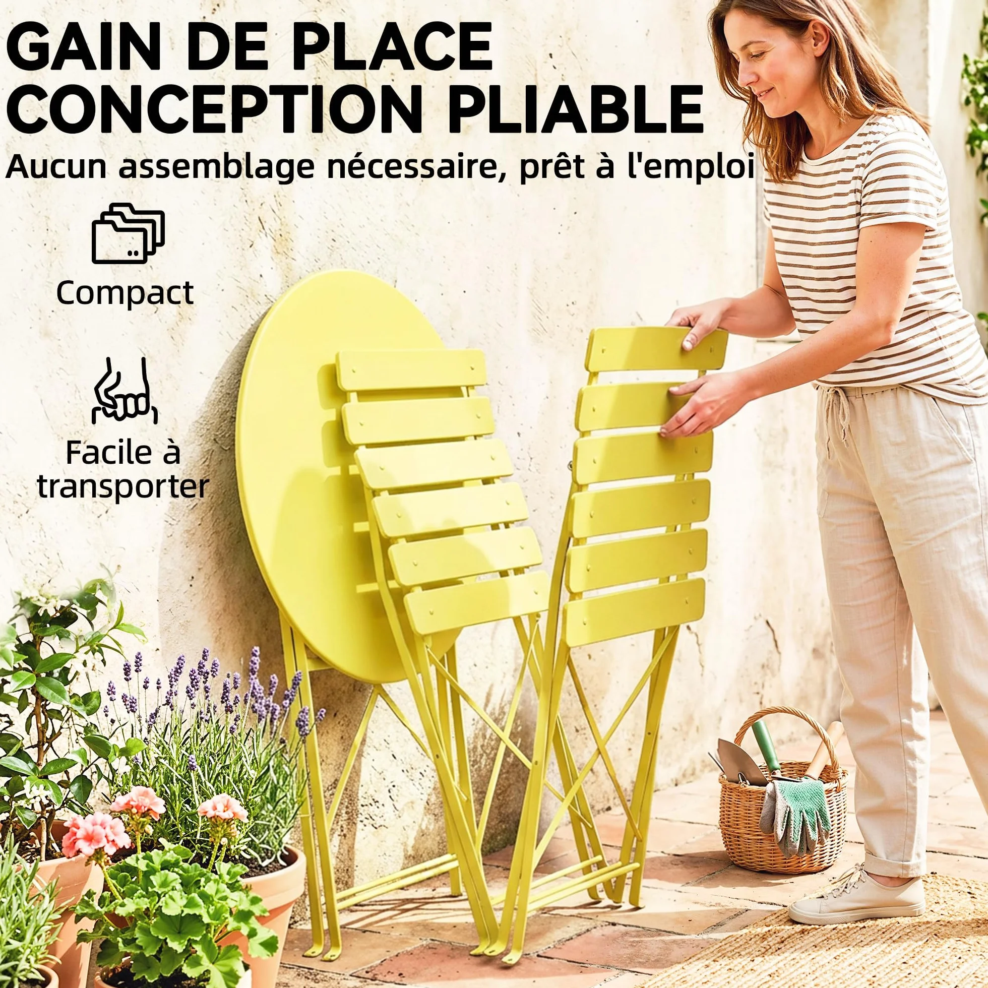 Outsunny Juego de bistró de jardín 3 Piezas Mesa y 2 sillas plegables de metal con doble protección antioxidante Amarillo