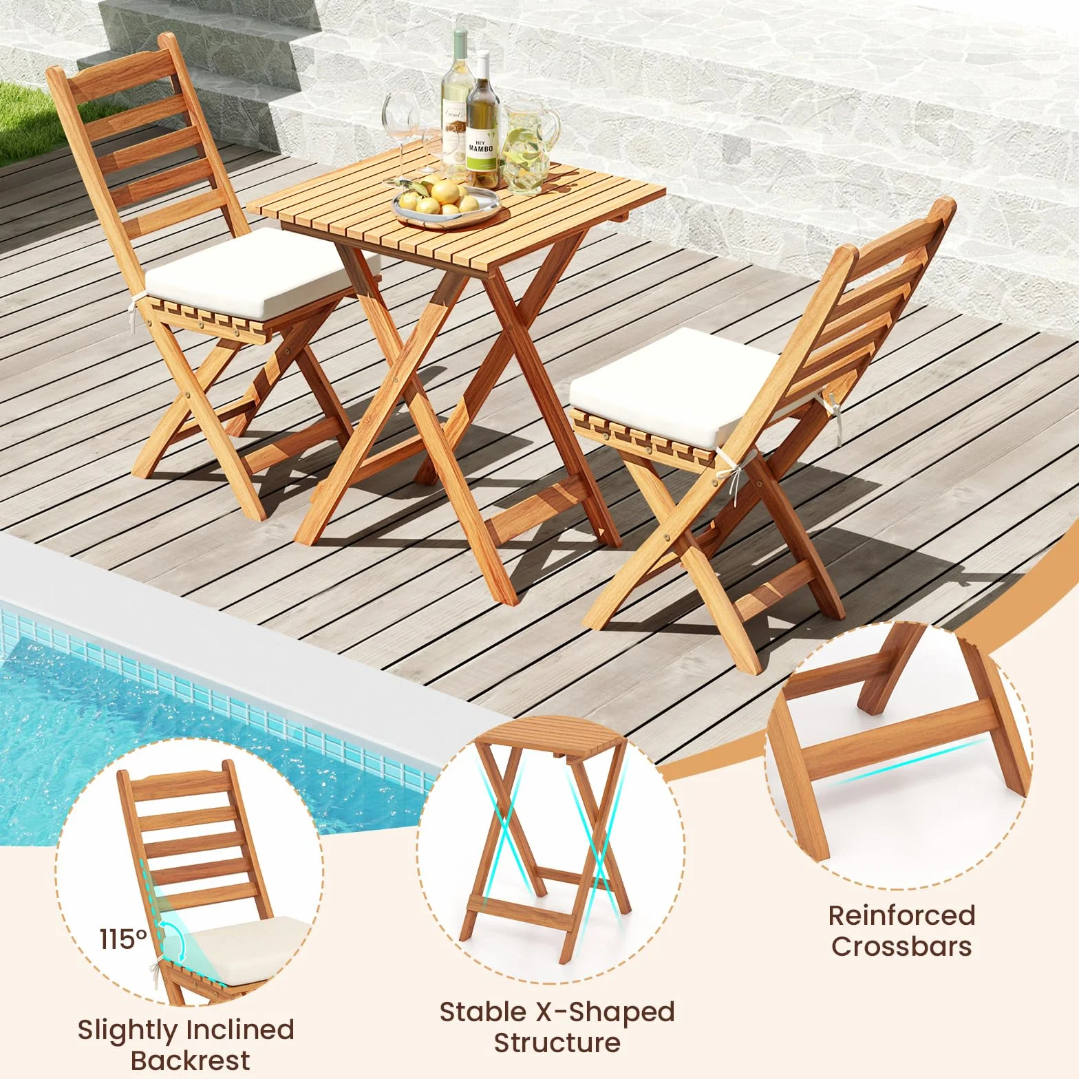 KOMFOTTEU Juego de Bistro 3 Piezas Plegables, Mesa y 2 Sillas de Madera de Acacia para Jardín