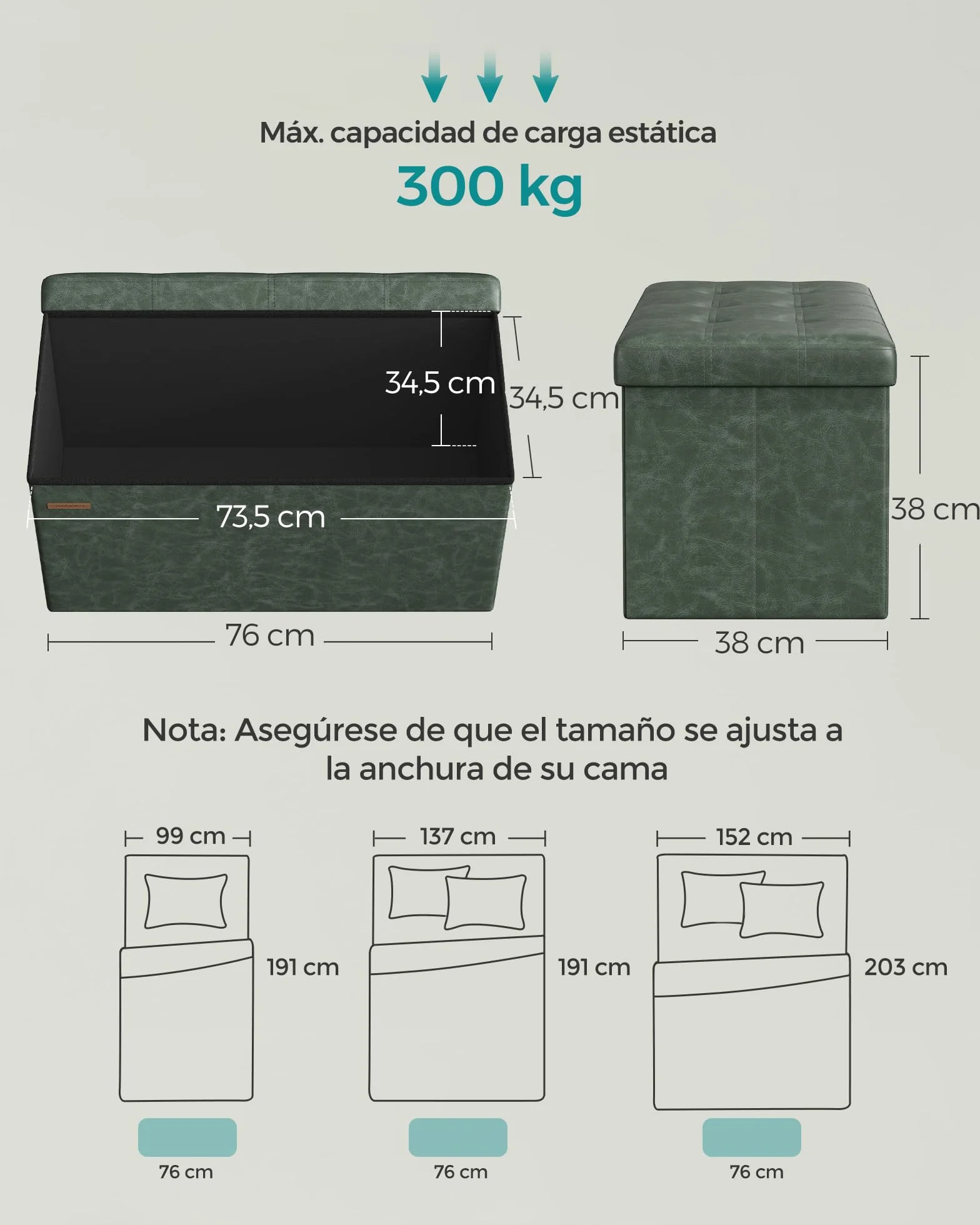SONGMICS Baúl de Almacenaje Plegable 38x76x38 cm Taburete Reposapiés hasta 300 kg Verde Bosque