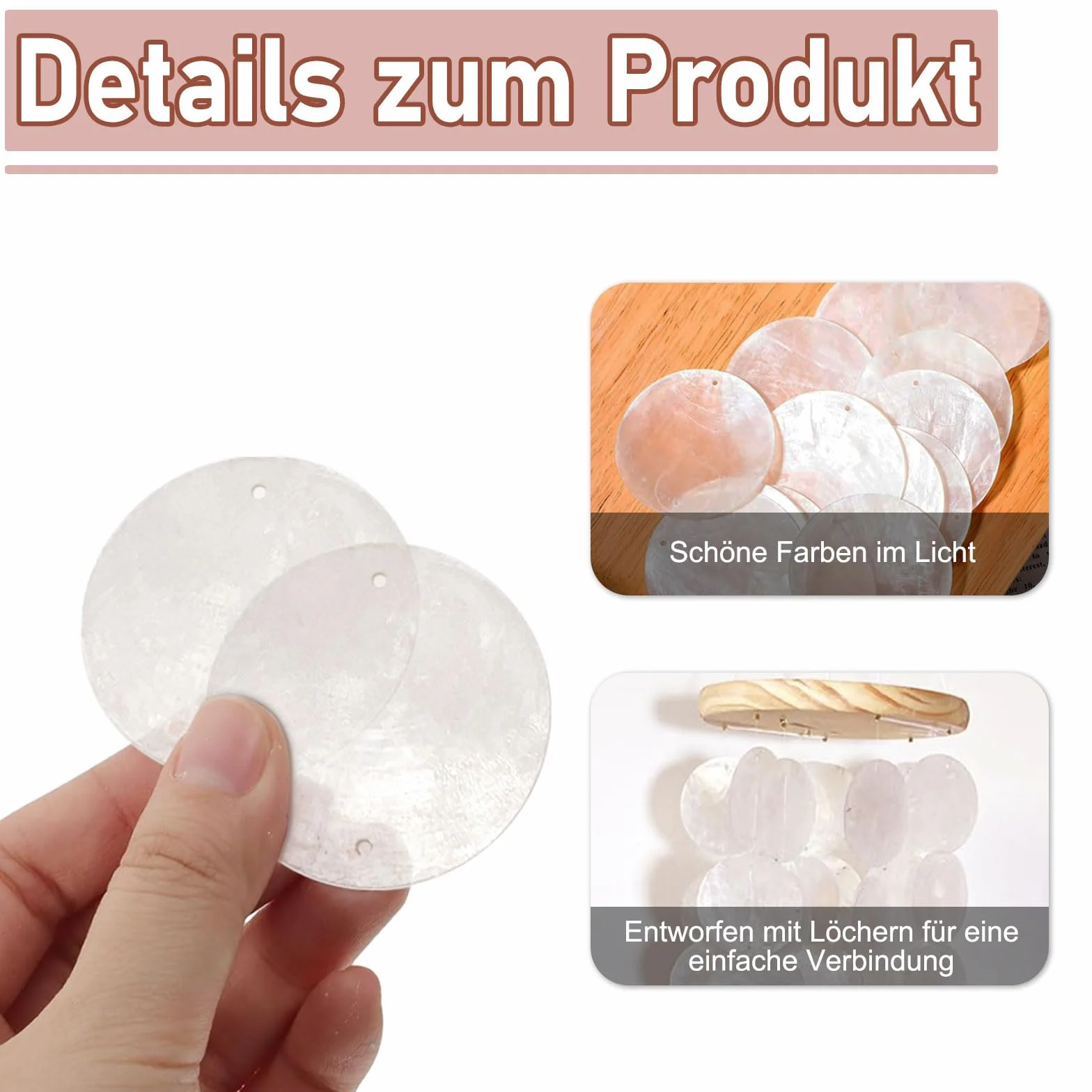 Cuentas de Concha Blanca 100 Piezas Discos Redondos de Nácar Colgante Carillón de Viento Retro con Dos Agujeros para Cortinas Decoración del Hogar