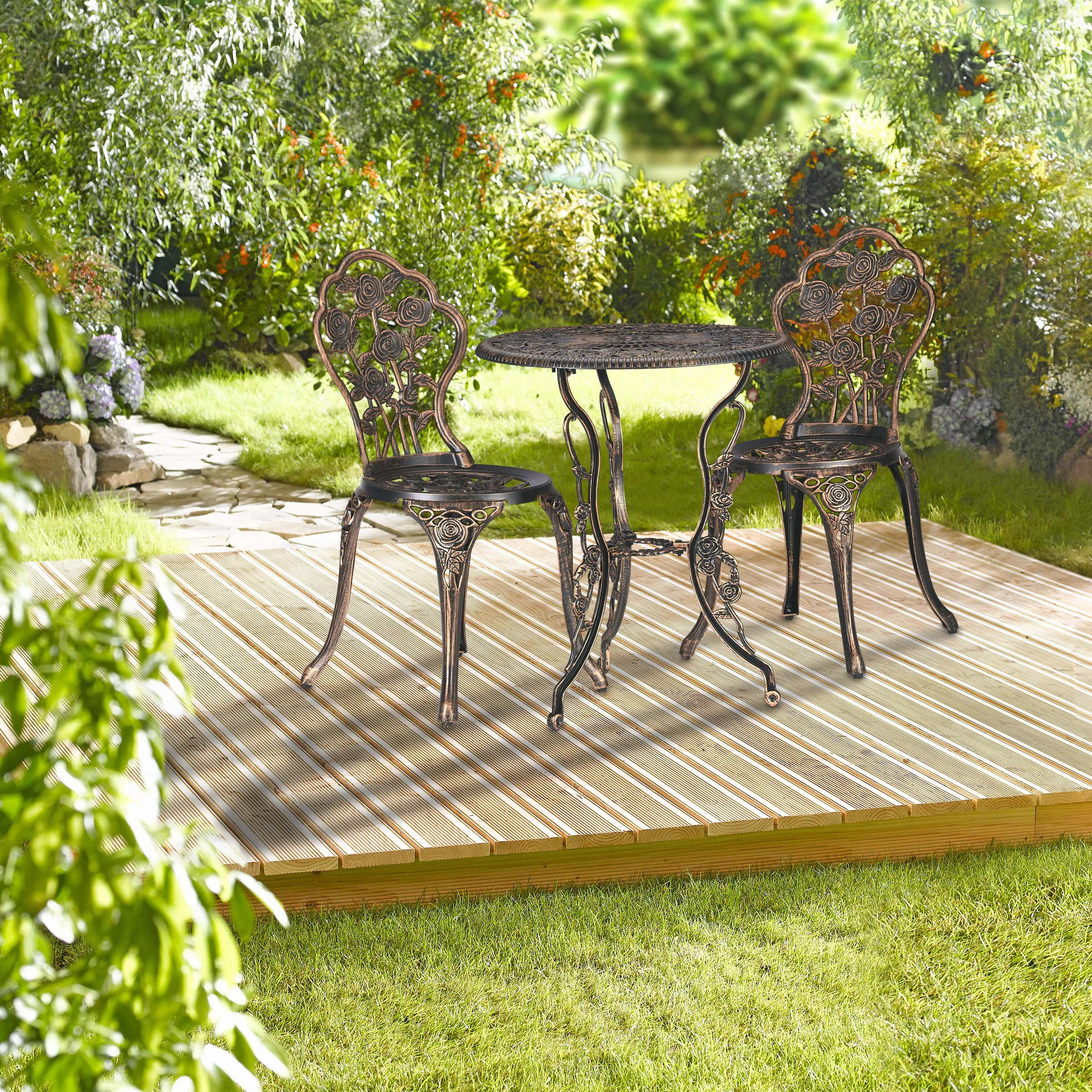 Relaxdays Set Mesa y Sillas Jardín, Aluminio, Bronce, Estilo Vintage
